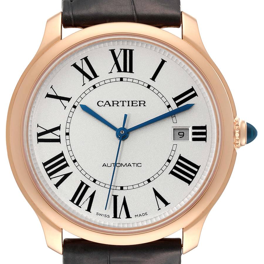 The image shows a front view of a Cartier Ronde WGRN0011 Men's Rose Gold Silver Dial WGRN0011 Men's Rose Gold Silver Dial watch, highlighting its dial, Roman numerals, date window, and black leather strap.