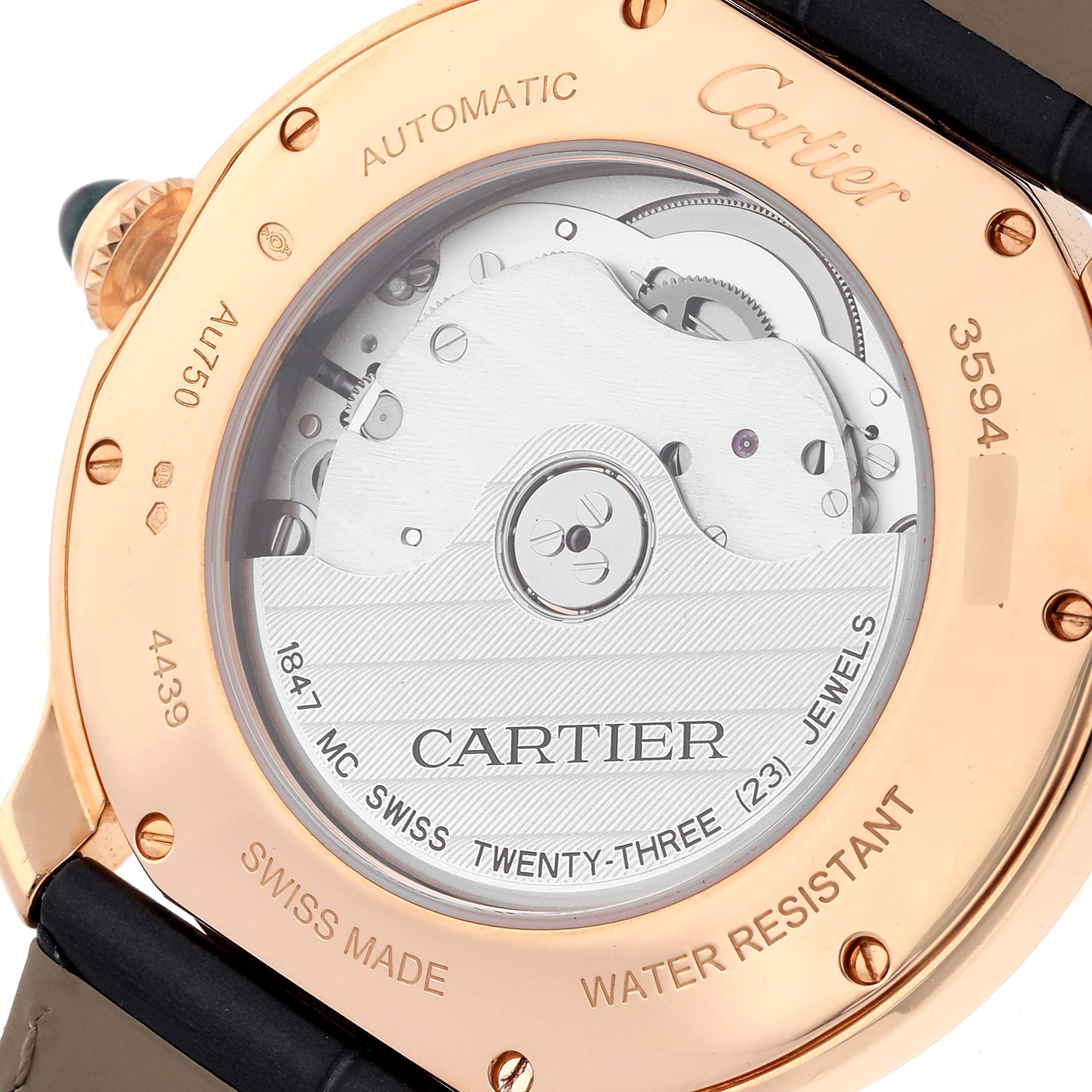 This image shows the back view of a Cartier Ronde WGRN0011 Men's Rose Gold Silver Dial WGRN0011 Men's Rose Gold Silver Dial watch, highlighting the movement and inscriptions.