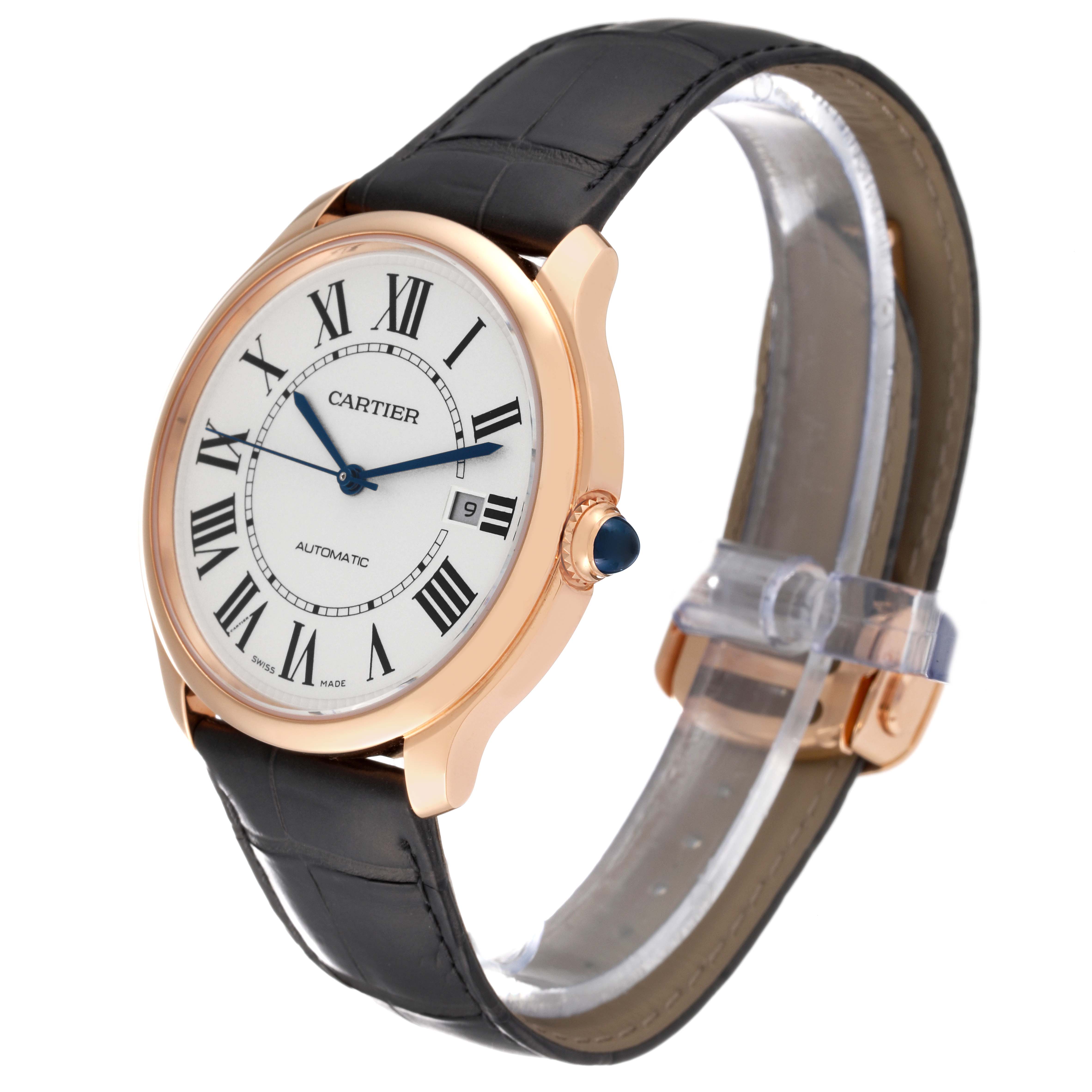 The Cartier Ronde WGRN0011 Men's Rose Gold Silver Dial WGRN0011 Men's Rose Gold Silver Dial model watch is shown at a three-quarter angle, highlighting its face, strap, and crown.