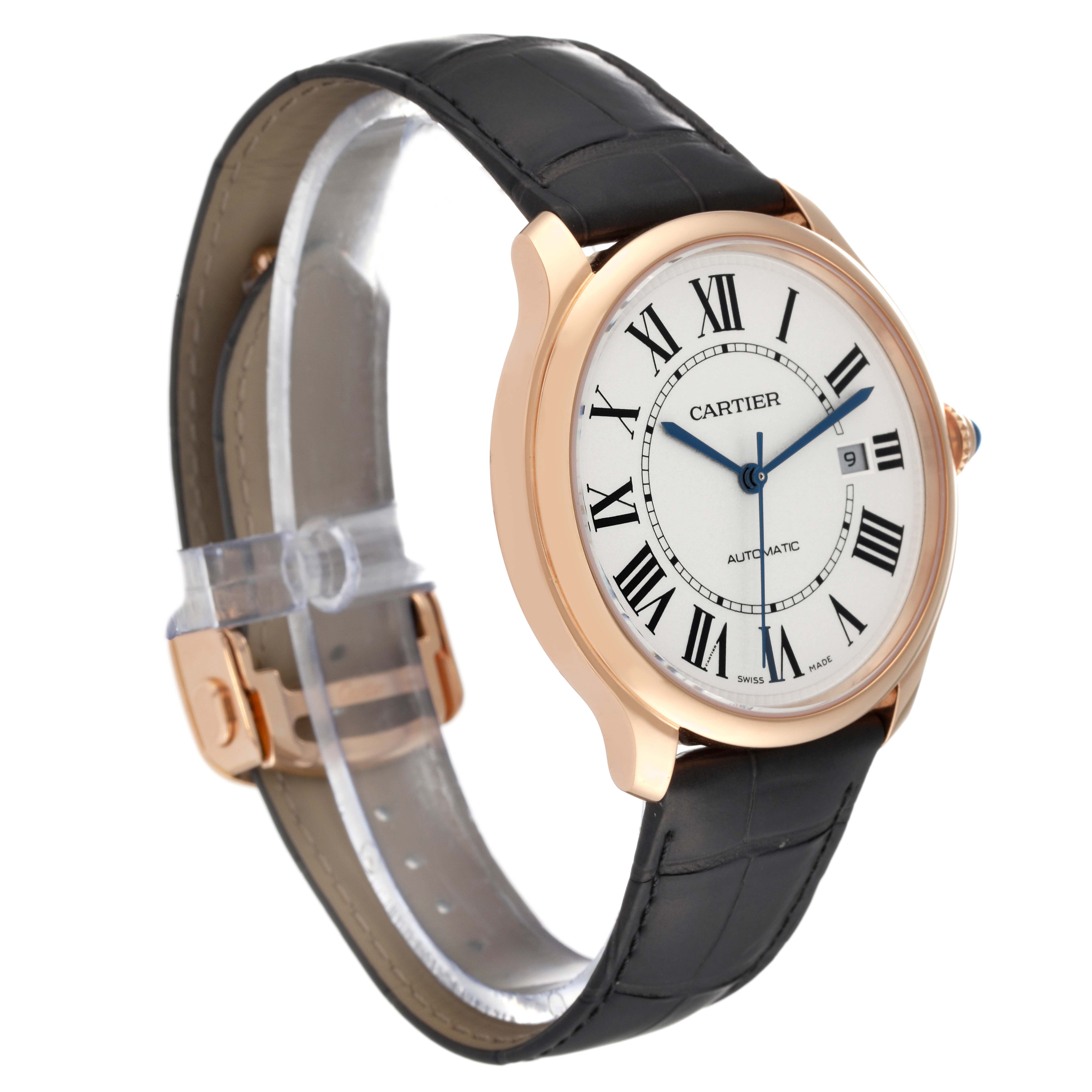 The Cartier Ronde WGRN0011 Men's Rose Gold Silver Dial WGRN0011 Men's Rose Gold Silver Dial watch is shown at a slight angle, showcasing its face, leather strap, and clasp.
