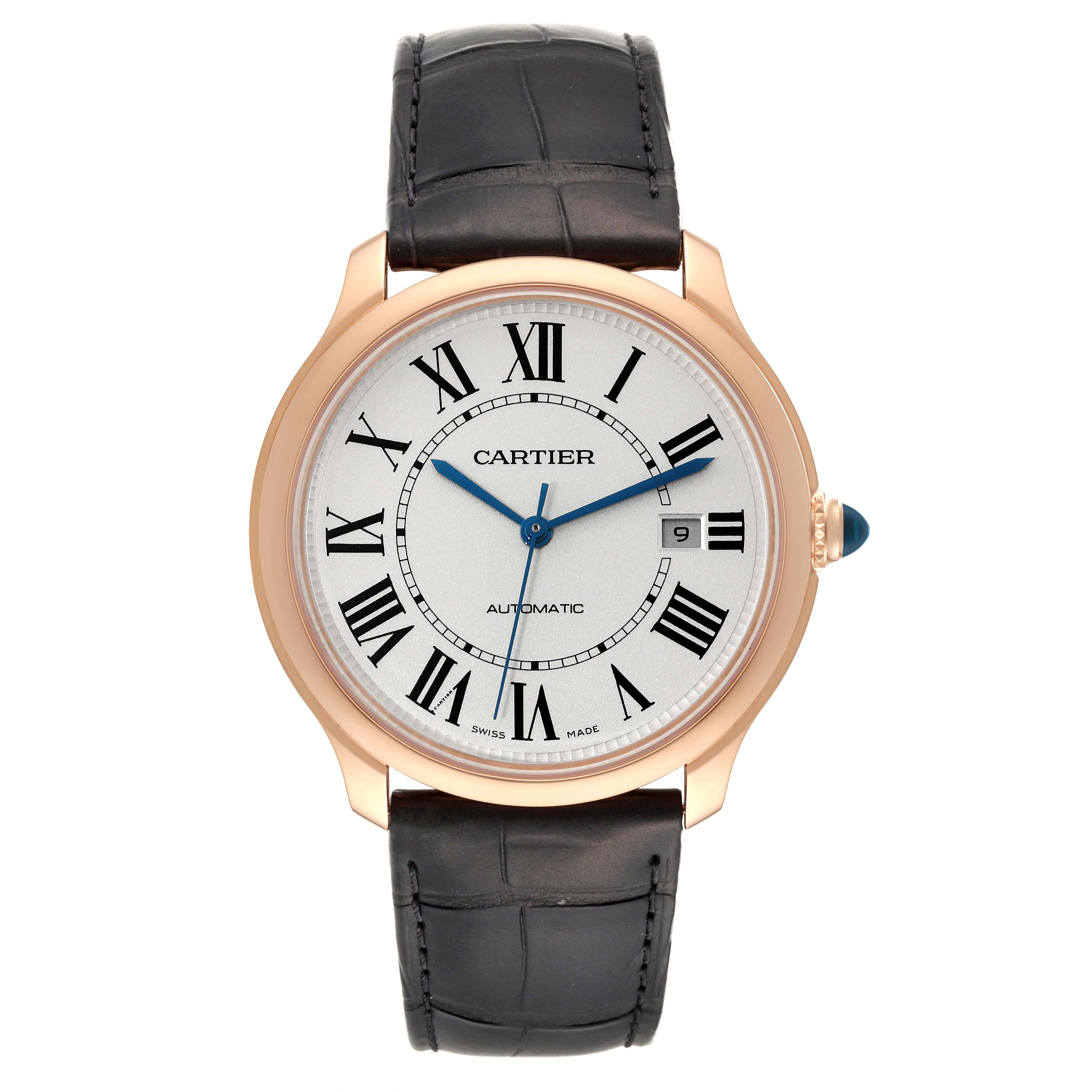 This image shows a front view of the Cartier Ronde WGRN0011 Men's Rose Gold Silver Dial WGRN0011 Men's Rose Gold Silver Dial model watch, highlighting the dial, case, and leather strap.