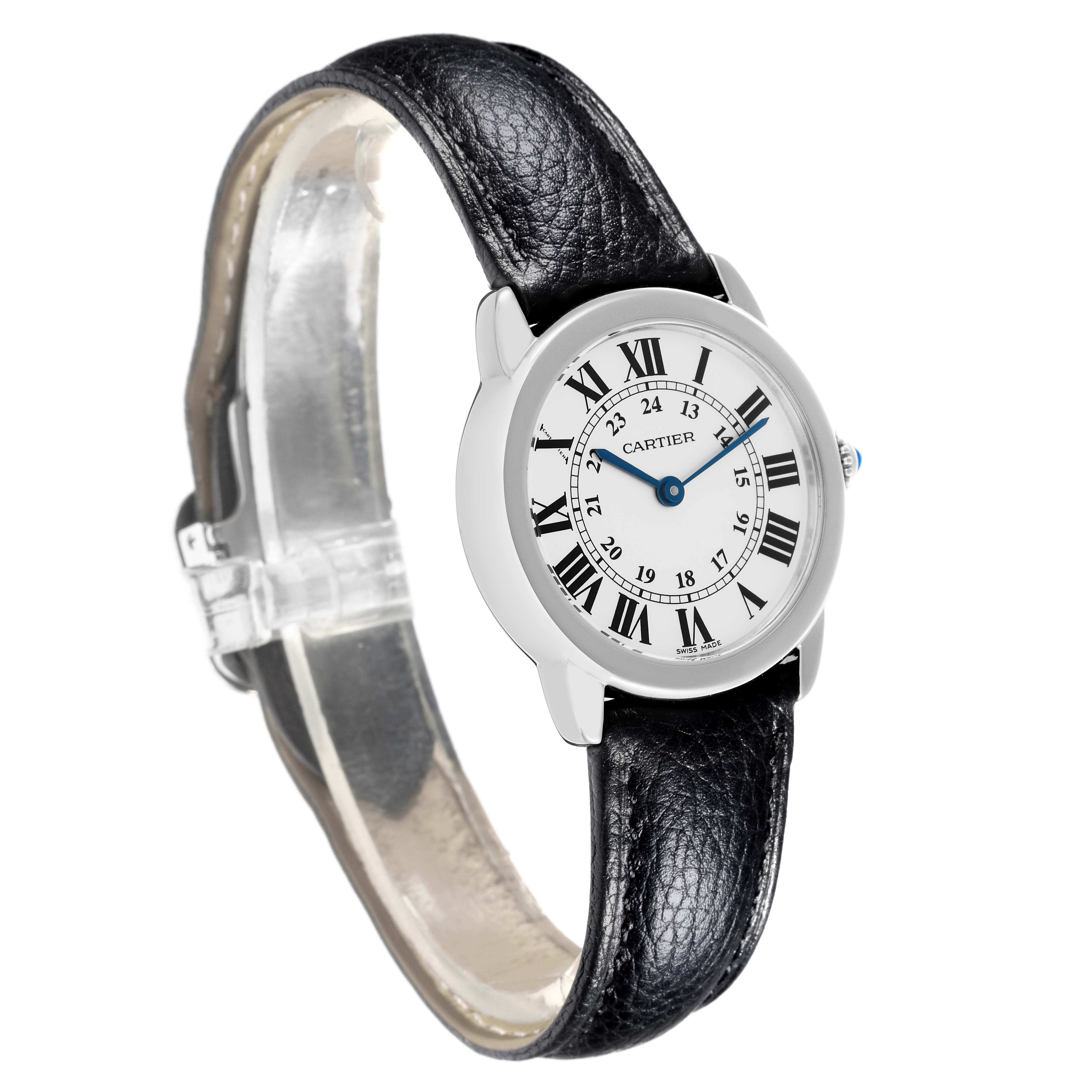 The Cartier Ronde W6700155 Women's Stainless Steel Silver Dial W6700155 Women's Stainless Steel Silver Dial model is shown at a slight angle, revealing the face, bezel, strap, and clasp.