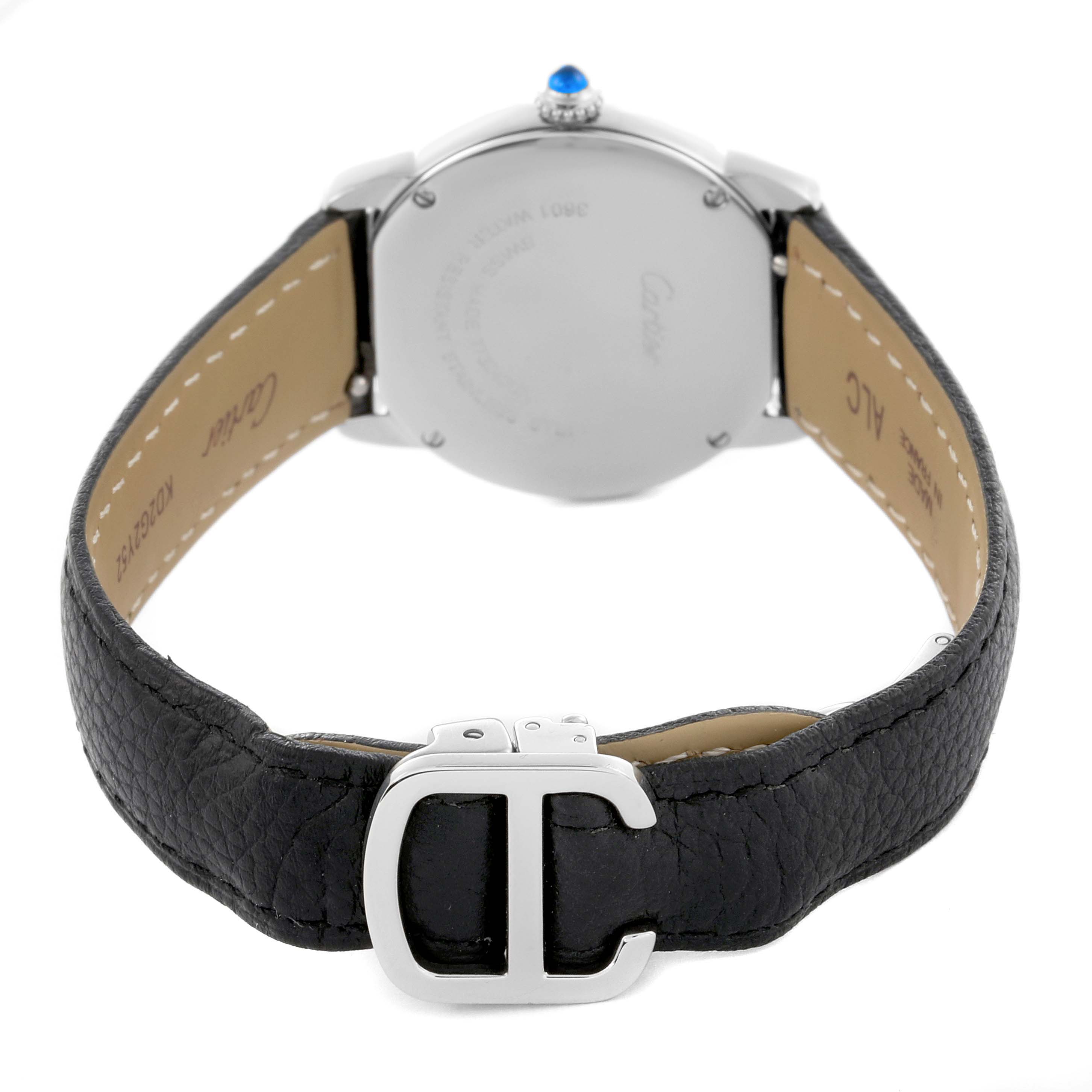 The Cartier Ronde W6700155 Women's Stainless Steel Silver Dial W6700155 Women's Stainless Steel Silver Dial watch is shown from the back, highlighting the case, leather strap, and clasp.