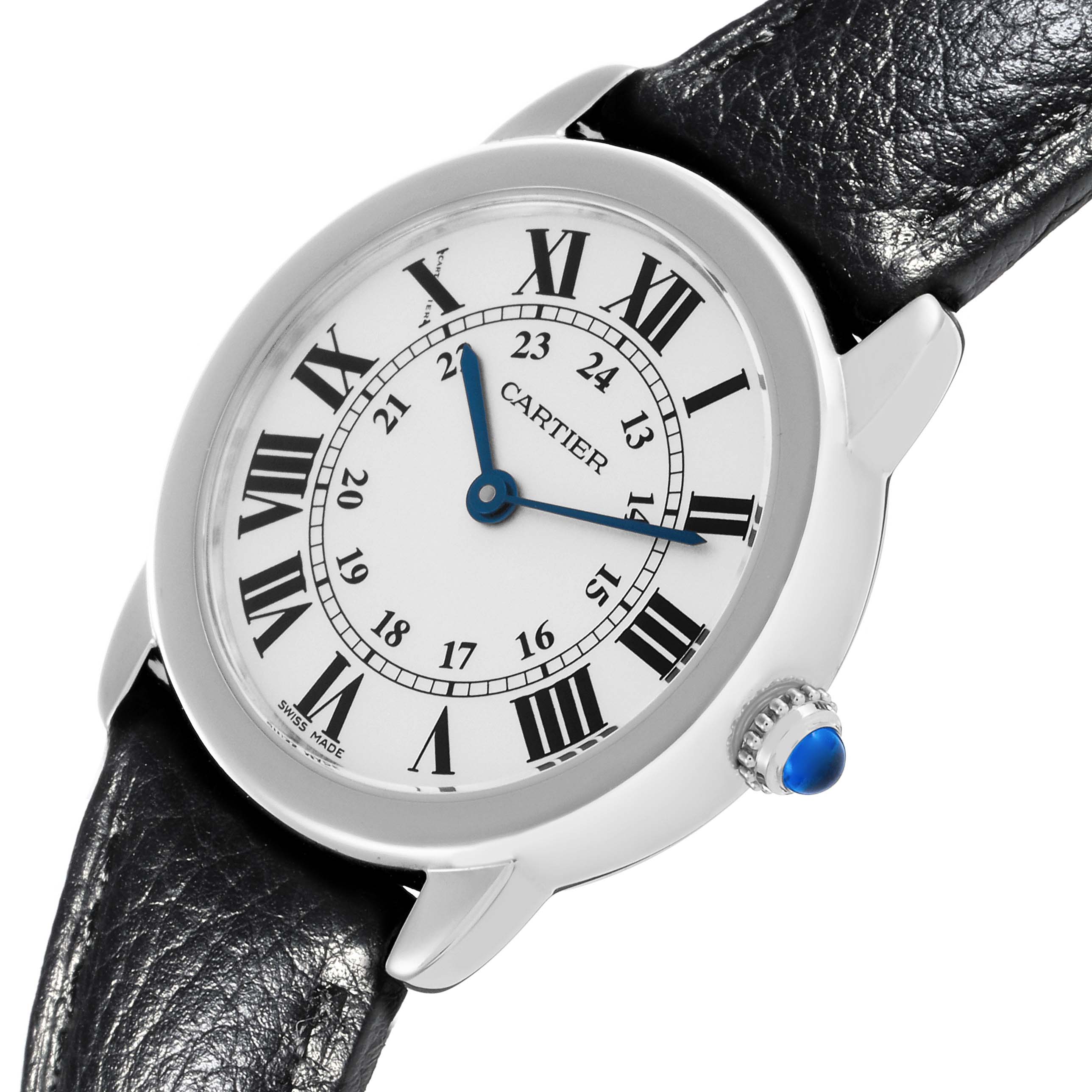 The Cartier Ronde W6700155 Women's Stainless Steel Silver Dial W6700155 Women's Stainless Steel Silver Dial watch is shown from a side angle, highlighting the face, crown, and strap.