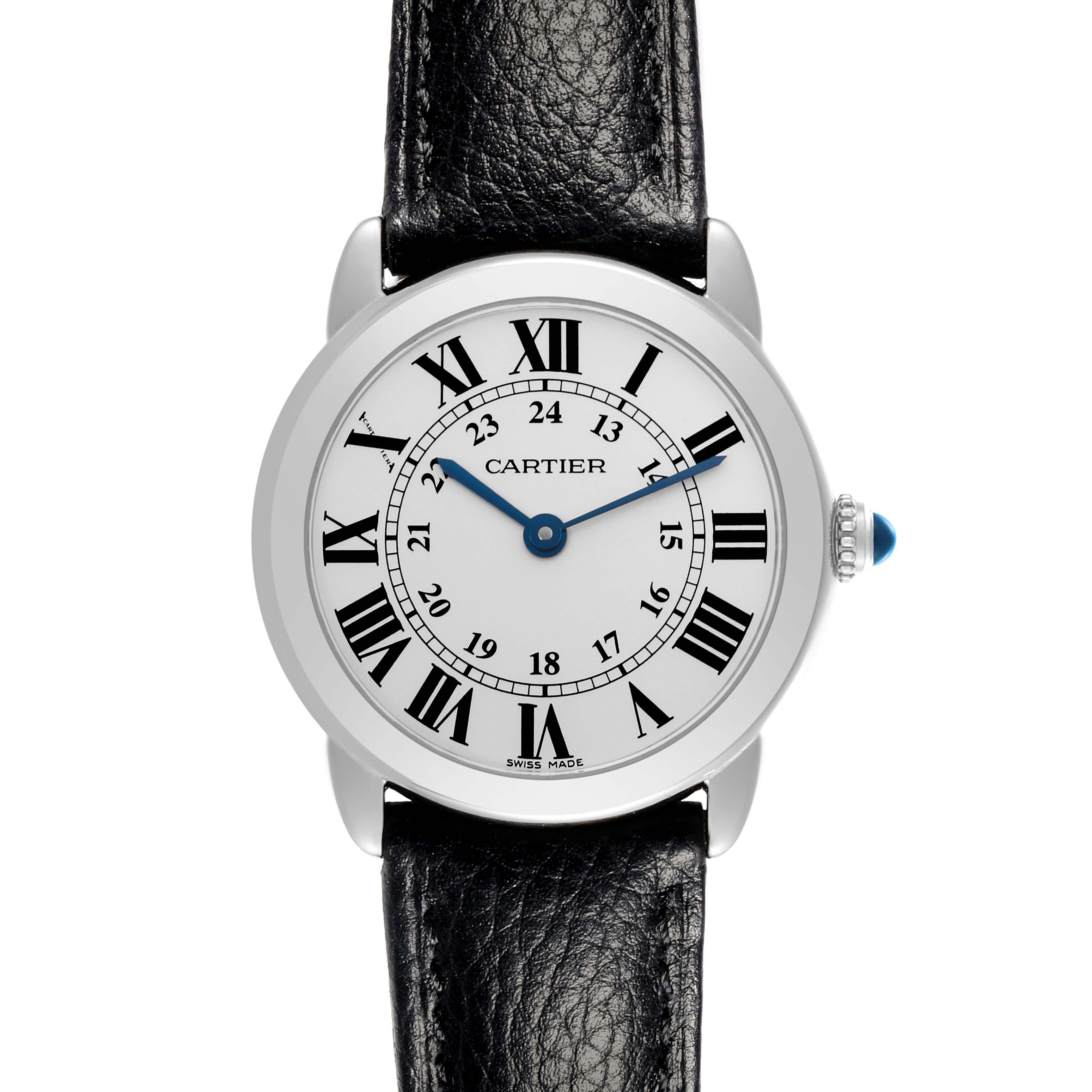 The Cartier Ronde W6700155 Women's Stainless Steel Silver Dial W6700155 Women's Stainless Steel Silver Dial watch is shown from a front angle, displaying the face, Roman numerals, and the leather strap.