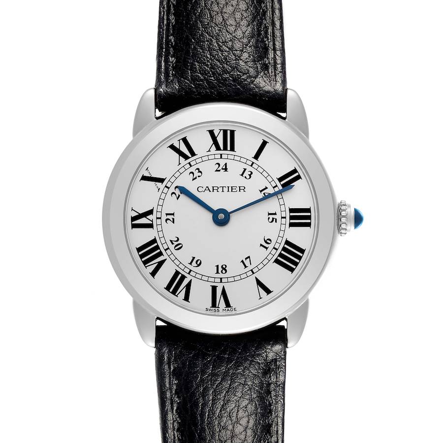 The Cartier Ronde W6700155 Women's Stainless Steel Silver Dial W6700155 Women's Stainless Steel Silver Dial watch is shown from a front angle, displaying the face, Roman numerals, and the leather strap.