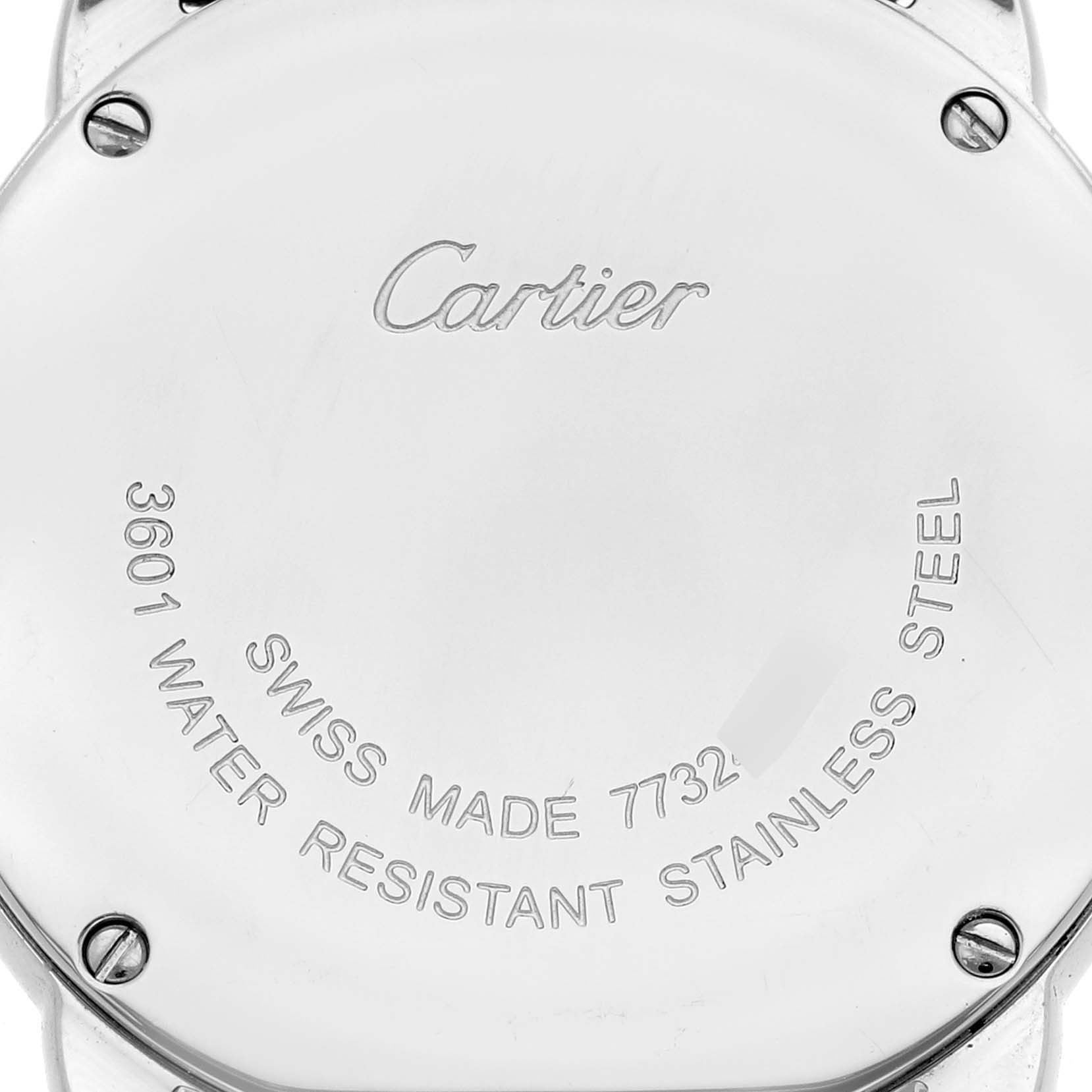 The image shows the back case of the Cartier Ronde W6700155 Women's Stainless Steel Silver Dial W6700155 Women's Stainless Steel Silver Dial watch engraved with brand details.
