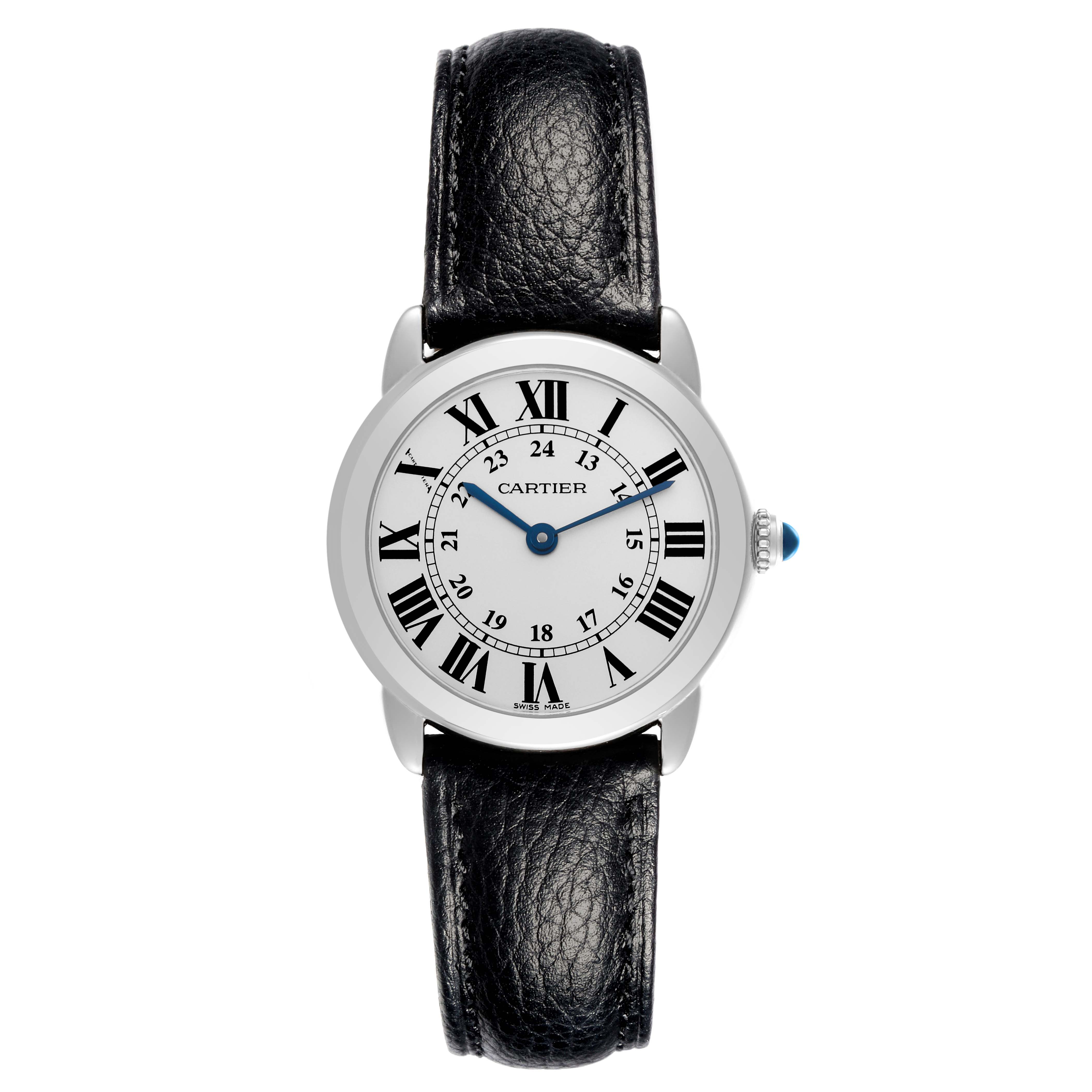 The Cartier Ronde W6700155 Women's Stainless Steel Silver Dial W6700155 Women's Stainless Steel Silver Dial watch is shown from the front, highlighting the dial, Roman numerals, and leather strap.