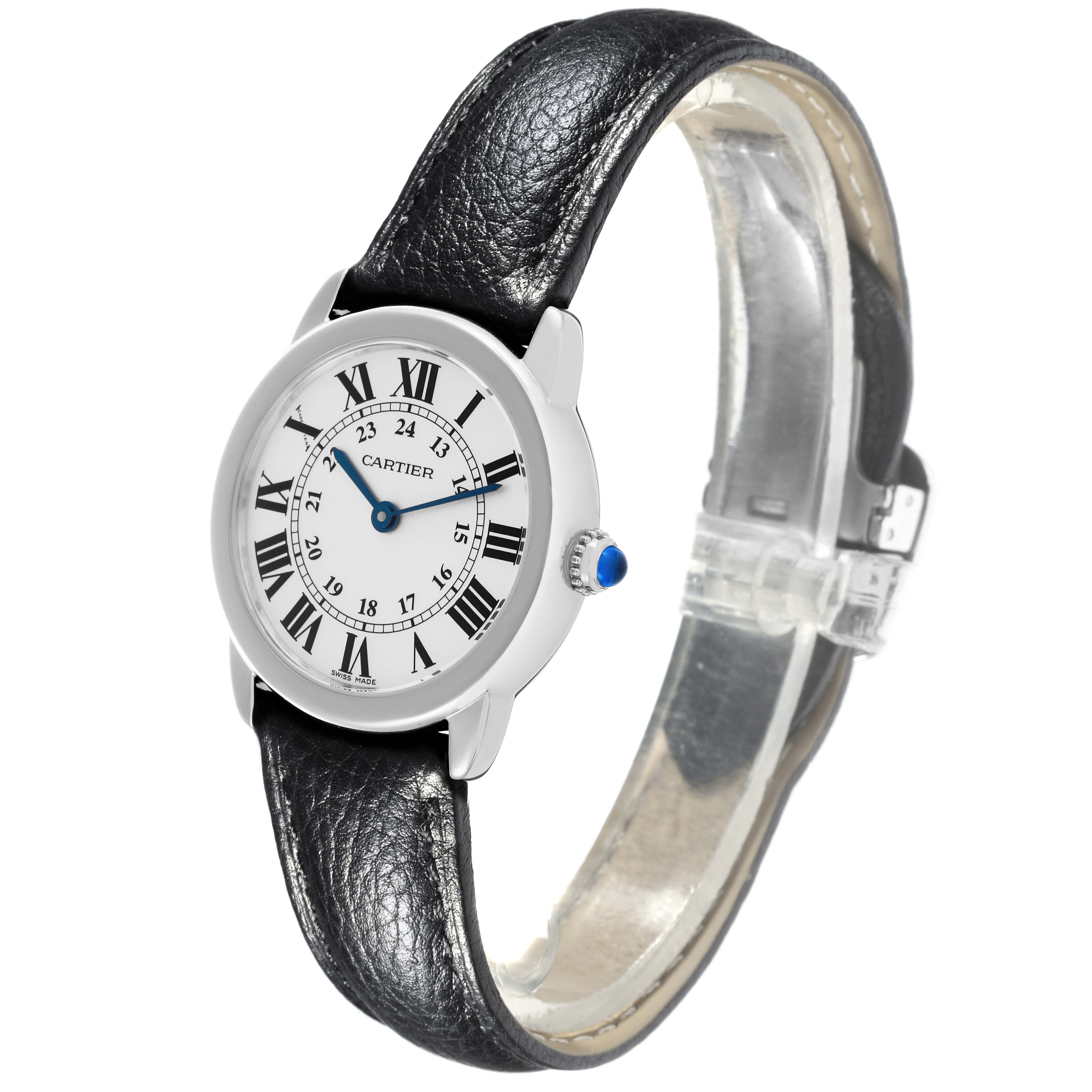 The Cartier Ronde W6700155 Women's Stainless Steel Silver Dial W6700155 Women's Stainless Steel Silver Dial watch is shown at an angle highlighting the face, crown, and leather strap.