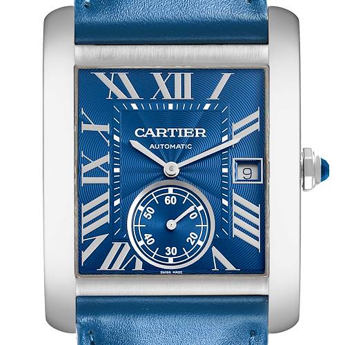 The Cartier Tank MC WSTA0010 Men's Stainless Steel Blue Dial WSTA0010 Men's Stainless Steel Blue Dial watch is shown from the front, highlighting its blue dial, Roman numerals, and date window.