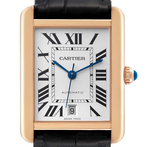 The image shows a front view of the Cartier Tank Solo W5200026 Men's Rose Gold Silver Dial W5200026 Men's Rose Gold Silver Dial watch, highlighting its face, Roman numerals, and leather strap.