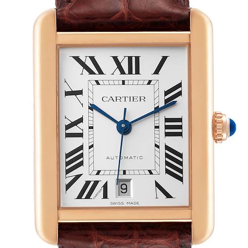 This image shows the front face and part of the crown of the Cartier Tank Solo W5200026 Men's Rose Gold Silver Dial W5200026 Men's Rose Gold Silver Dial watch, highlighting its rectangular dial and Roman numerals.