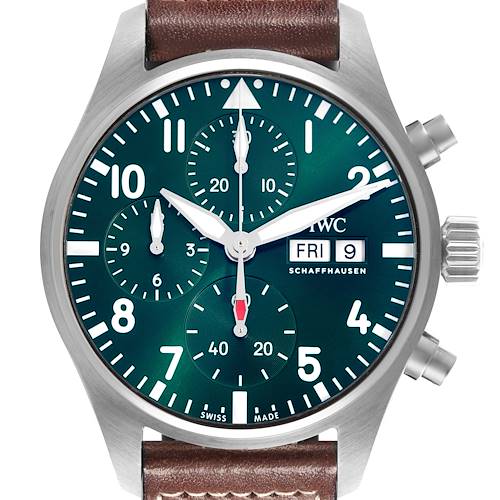 The IWC Pilot IW388103 Men's Stainless Steel Green Dial IW388103 Men's Stainless Steel Green Dial watch is shown from the front, displaying the full face, hands, subdials, date, and leather strap.