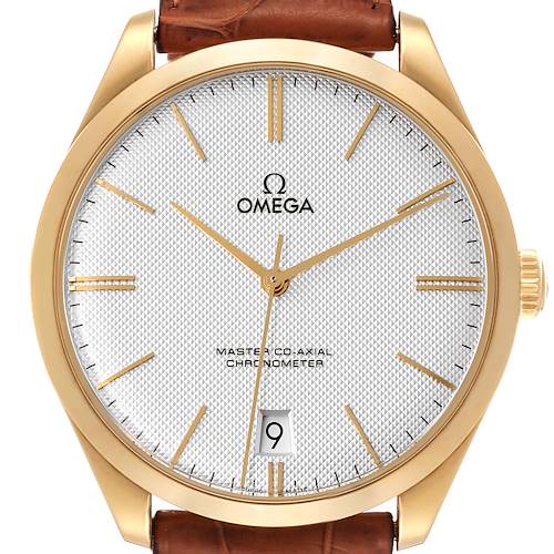 This is a front view of the De Ville model by Omega, showing the dial, case, crown, and part of the leather strap.