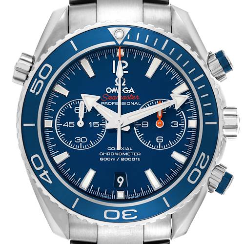The Omega Planet Ocean 232.90.46.51.03.001 Men's Stainless Steel Blue Dial 232.90.46.51.03.001 Men's Stainless Steel Blue Dial watch is shown from the front, featuring the face, bezel, and part of the bracelet.