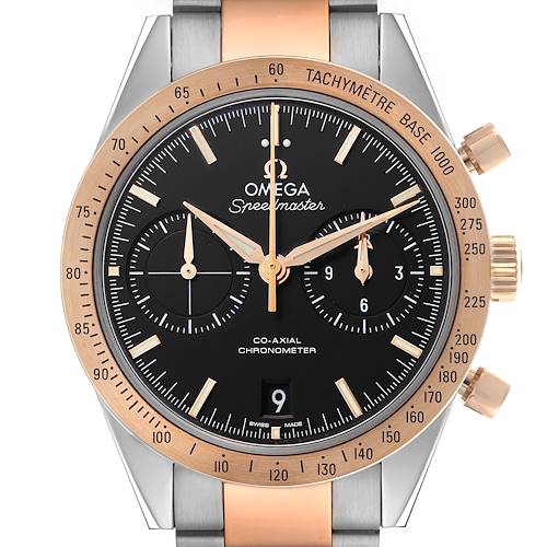 The Omega Speedmaster 331.20.42.51.01.002 Men's Steel and Gold (two tone) Black Dial 331.20.42.51.01.002 Men's Steel and Gold (two tone) Black Dial watch is shown from a front angle, highlighting the dial and tachymeter bezel.