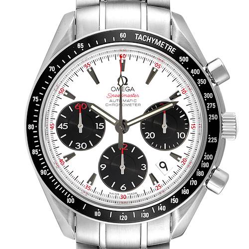 This image shows a frontal view of the Omega Speedmaster 323.30.40.40.04.001 Men's Stainless Steel White Dial 323.30.40.40.04.001 Men's Stainless Steel White Dial watch, displaying the dial, bezel, and pushers.