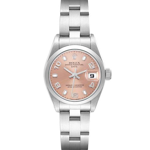 The Rolex Date 79160 Women's Stainless Steel Pink Dial 79160 Women's Stainless Steel Pink Dial model watch is shown from the front, displaying its face, bezel, and bracelet.