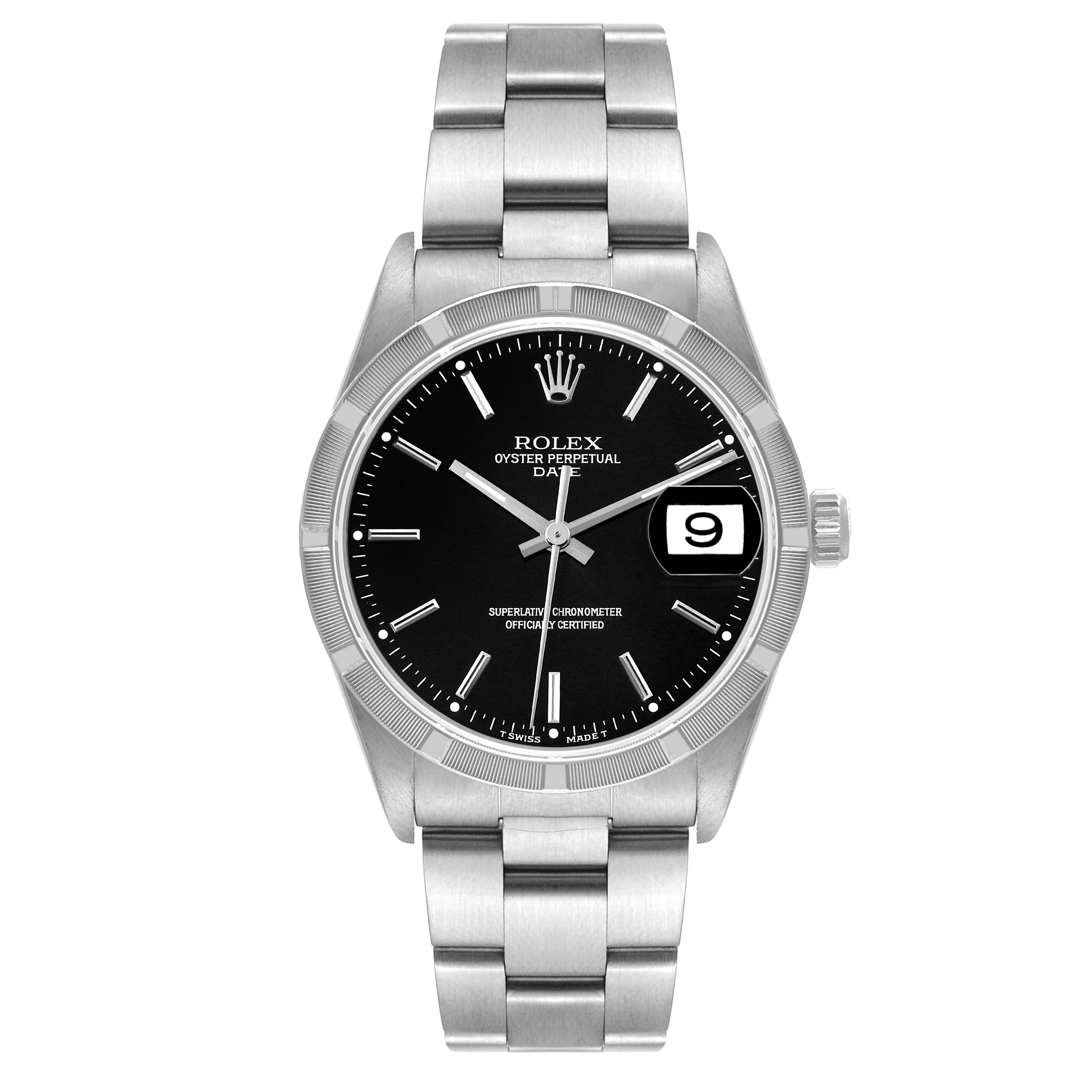 This image shows the front view of the Rolex Date 15210 Men's Stainless Steel Black Dial 15210 Men's Stainless Steel Black Dial model watch, highlighting the black dial, date window, and stainless steel bracelet.