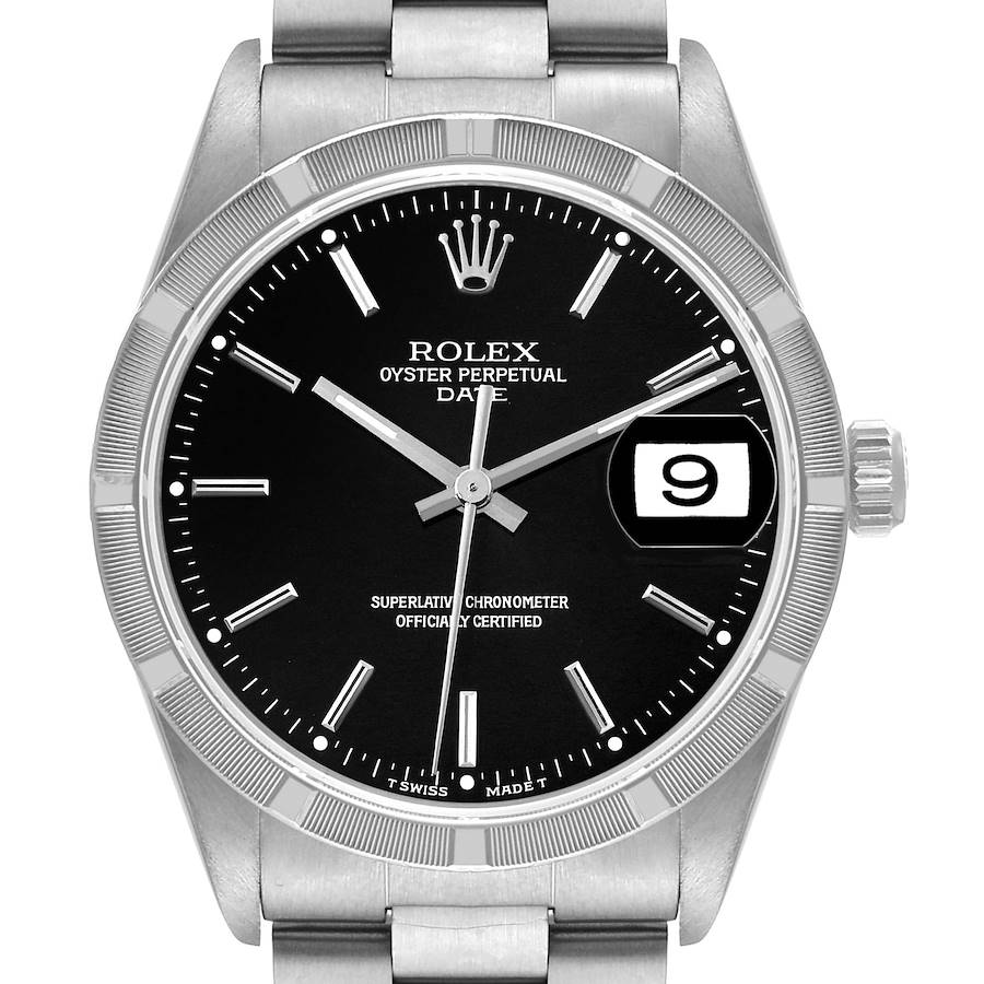 The image shows a front view of the Rolex Oyster Perpetual Date model, highlighting the dial, hands, crown, and bracelet.