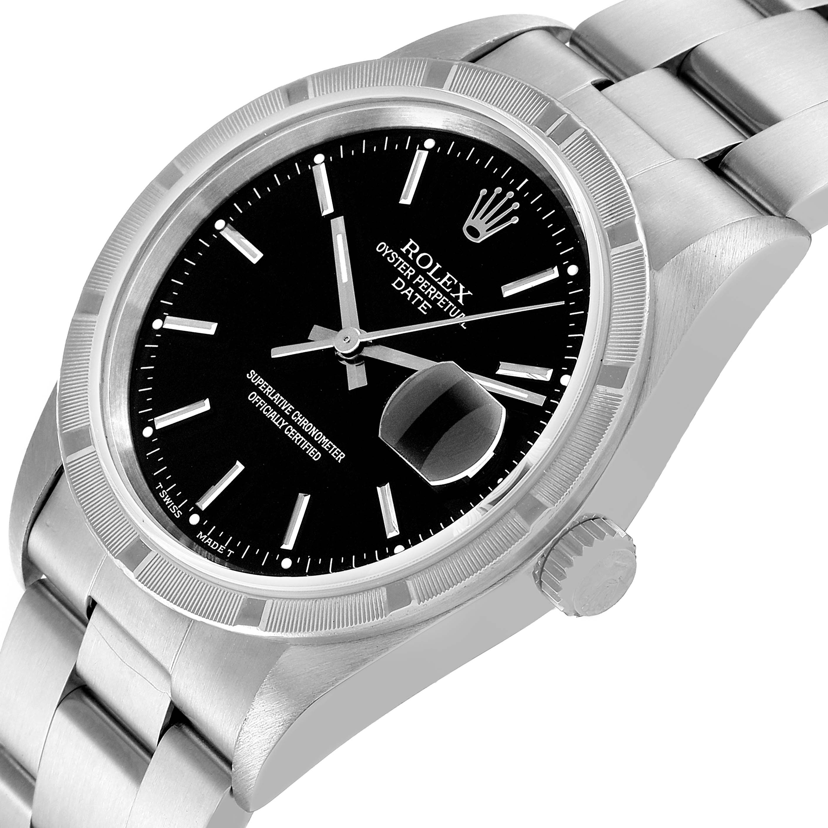 The image shows the Rolex Date 15210 Men's Stainless Steel Black Dial 15210 Men's Stainless Steel Black Dial model watch from an angled side view, focusing on the bezel, dial, bracelet, and crown.