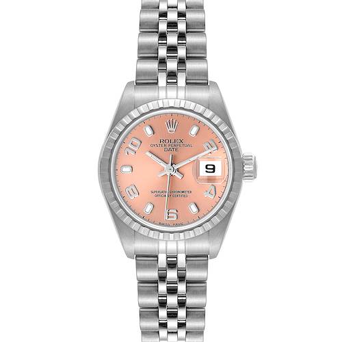The image shows a Rolex Date 79240 Women's Stainless Steel Pink Dial 79240 Women's Stainless Steel Pink Dial watch from a straight-on angle, highlighting the dial, bezel, and bracelet.