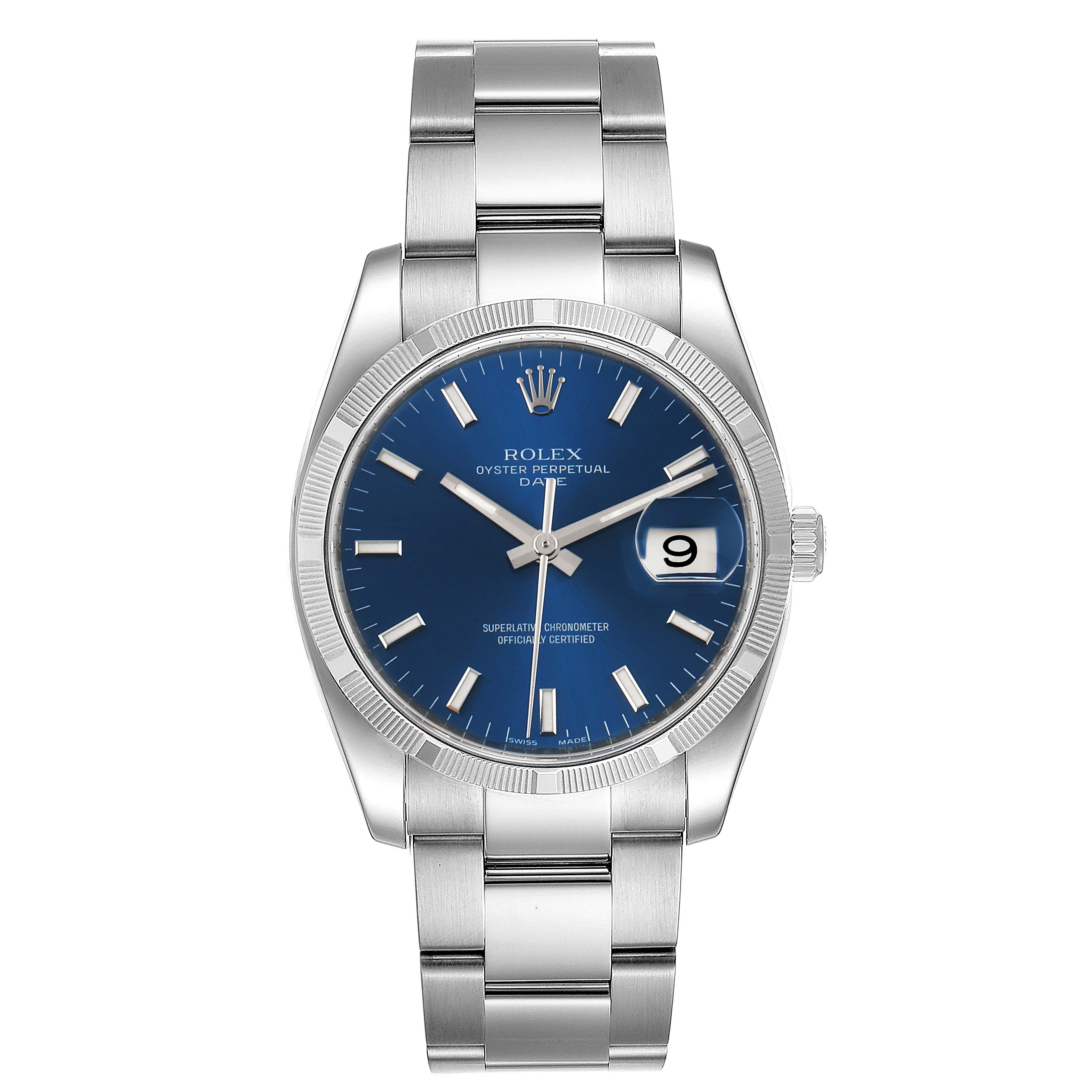 The image shows a front view of a Rolex Date 115210 Men's Stainless Steel Blue Dial 115210 Men's Stainless Steel Blue Dial model watch, featuring its blue dial, bracelet, and date window.