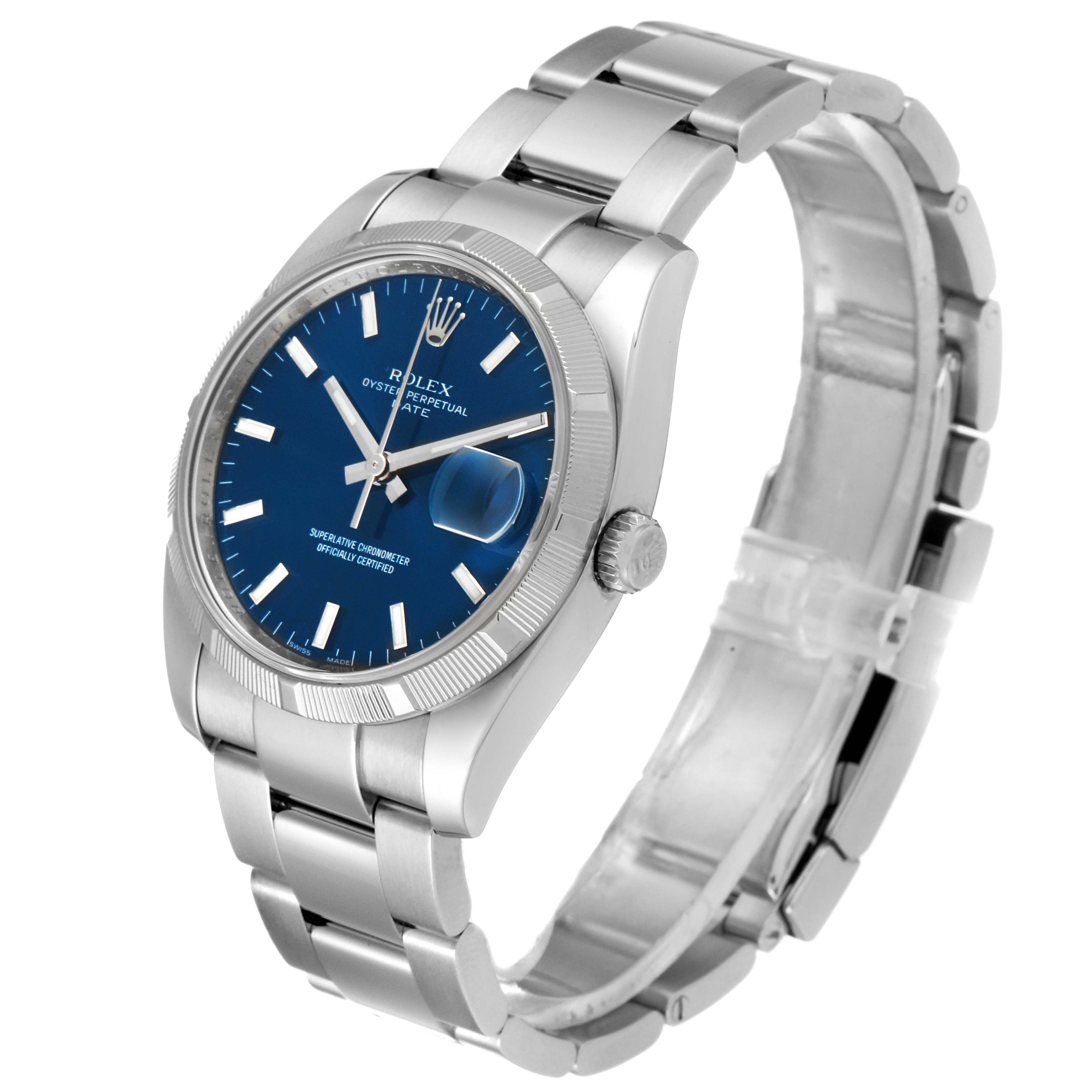The Rolex Date 115210 Men's Stainless Steel Blue Dial 115210 Men's Stainless Steel Blue Dial watch is shown at a three-quarter angle, highlighting its blue dial, bezel, and metal bracelet.