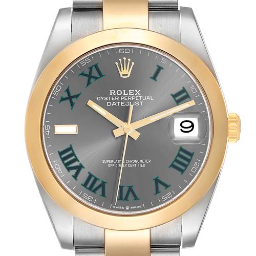 The Rolex Datejust 41 126303 Men's Steel and Gold (two tone) Grey Dial 126303 Men's Steel and Gold (two tone) Grey Dial is shown from the front, displaying its face, dial, hands, bezel, and part of the bracelet.