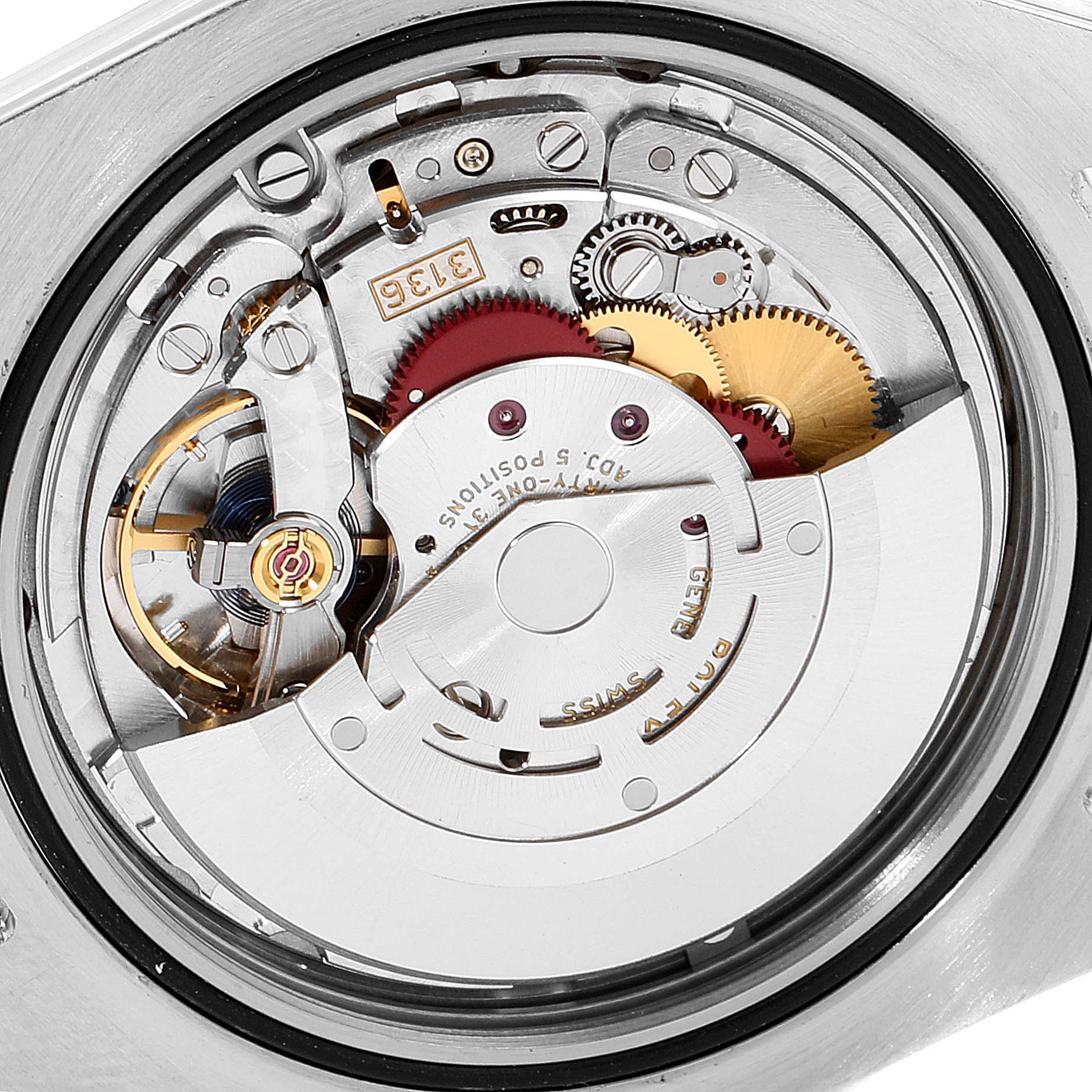 The image shows the internal mechanical movement of a Rolex Datejust 41 116300 Men's Stainless Steel Blue Dial 116300 Men's Stainless Steel Blue Dial, viewed from the back with cogs and gears visible.