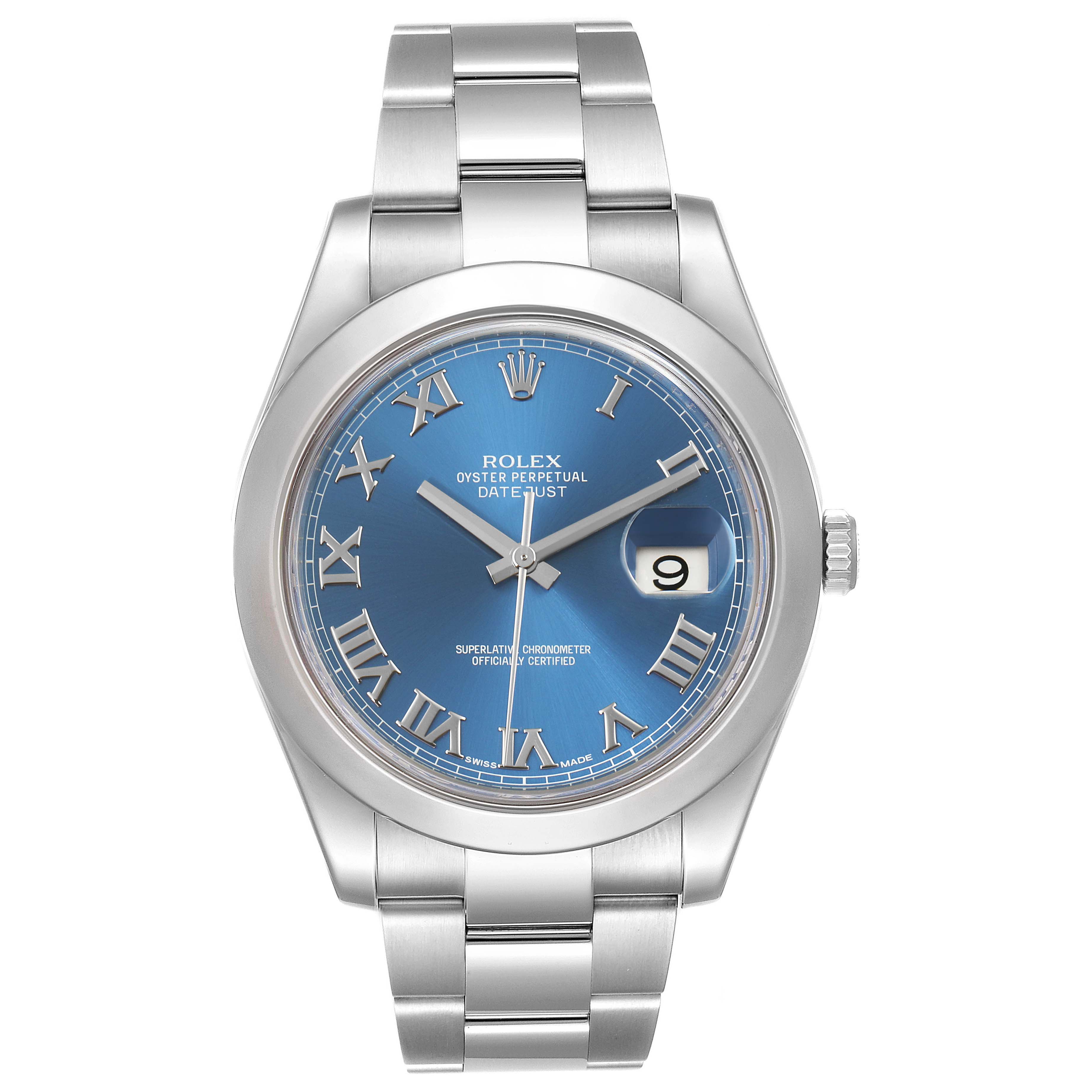 The image shows a front view of a Rolex Datejust 41 116300 Men's Stainless Steel Blue Dial 116300 Men's Stainless Steel Blue Dial watch, highlighting its blue dial, Roman numerals, and metal bracelet.