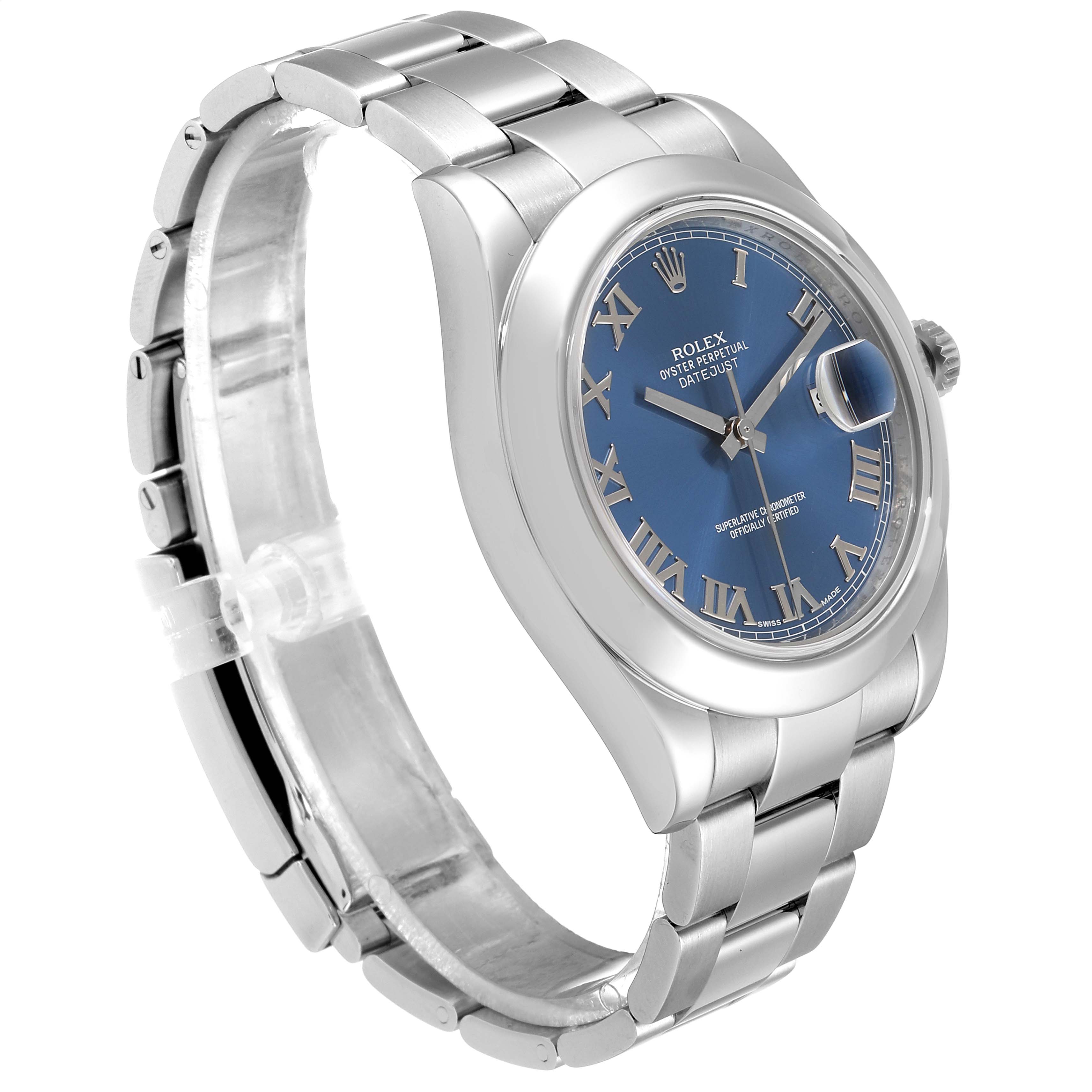 The image shows a Rolex Datejust 41 116300 Men's Stainless Steel Blue Dial 116300 Men's Stainless Steel Blue Dial watch from an angled side view, displaying the watch face, bezel, crown, and bracelet.