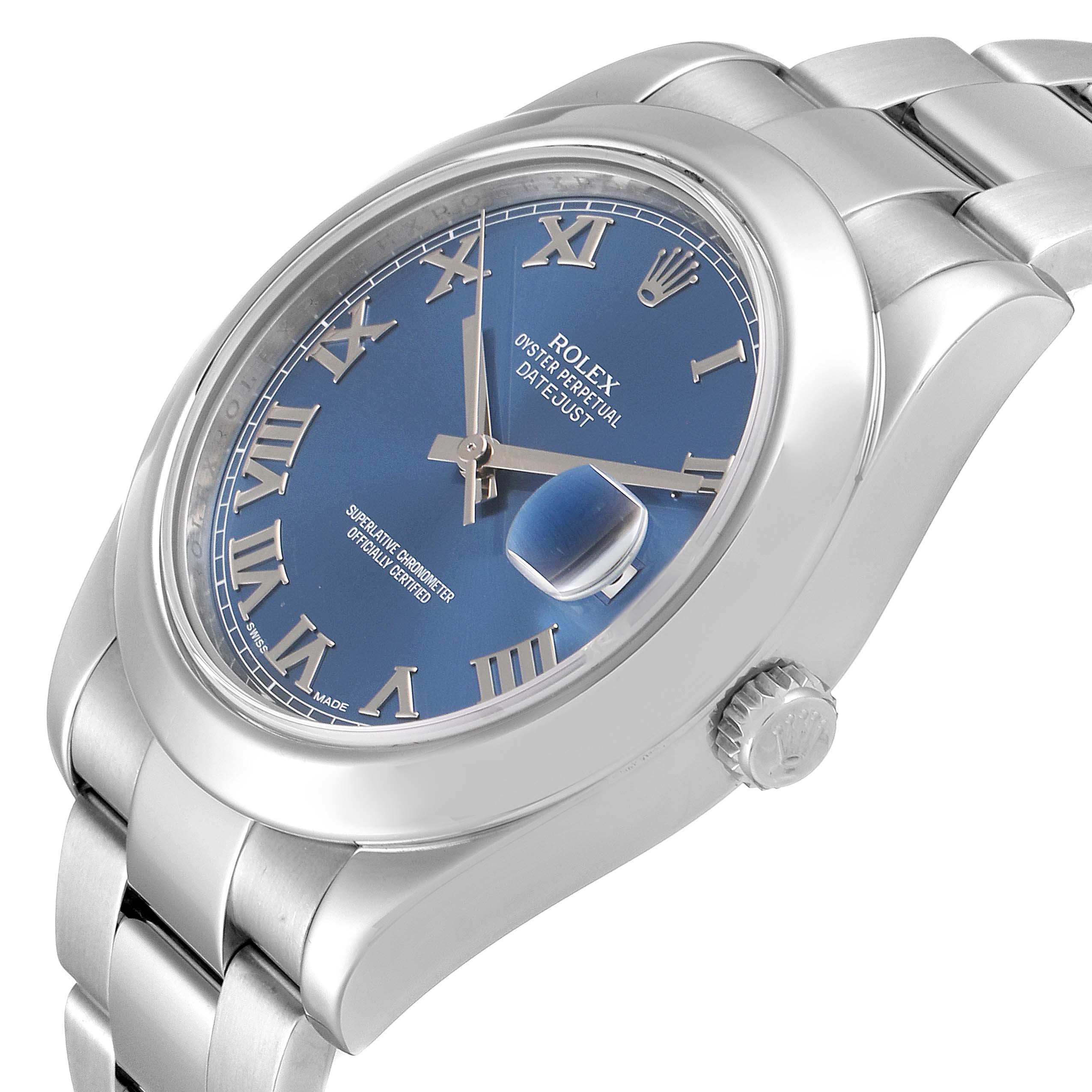 This image shows a close-up angle of a Rolex Datejust 41 116300 Men's Stainless Steel Blue Dial 116300 Men's Stainless Steel Blue Dial watch, highlighting its blue dial, Roman numeral markers, and Oyster bracelet.