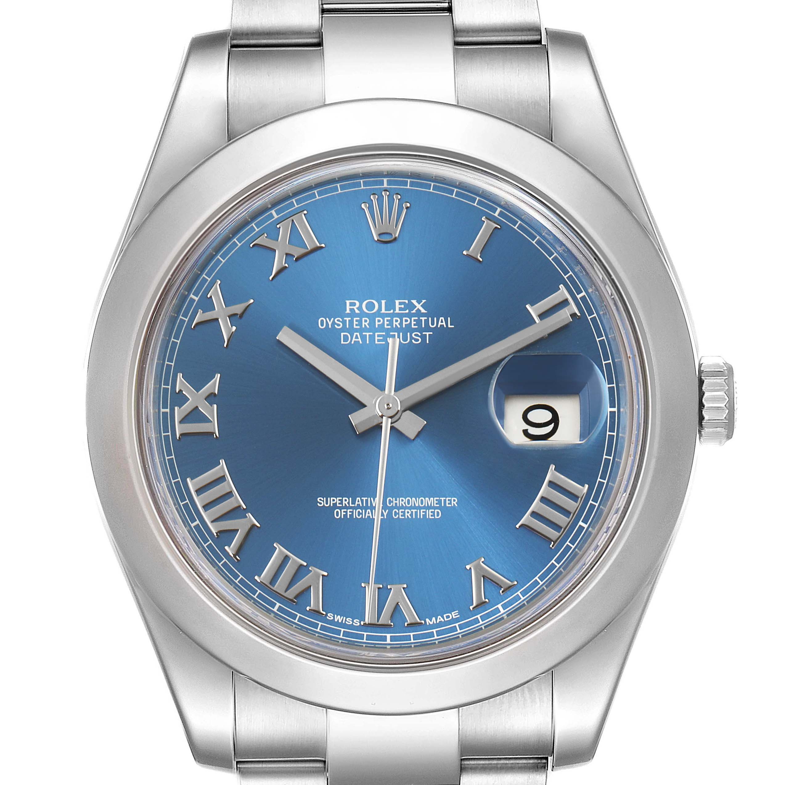 The image shows a front view of a Rolex Datejust 41 116300 Men's Stainless Steel Blue Dial 116300 Men's Stainless Steel Blue Dial watch with a blue dial and silver-toned Roman numerals.