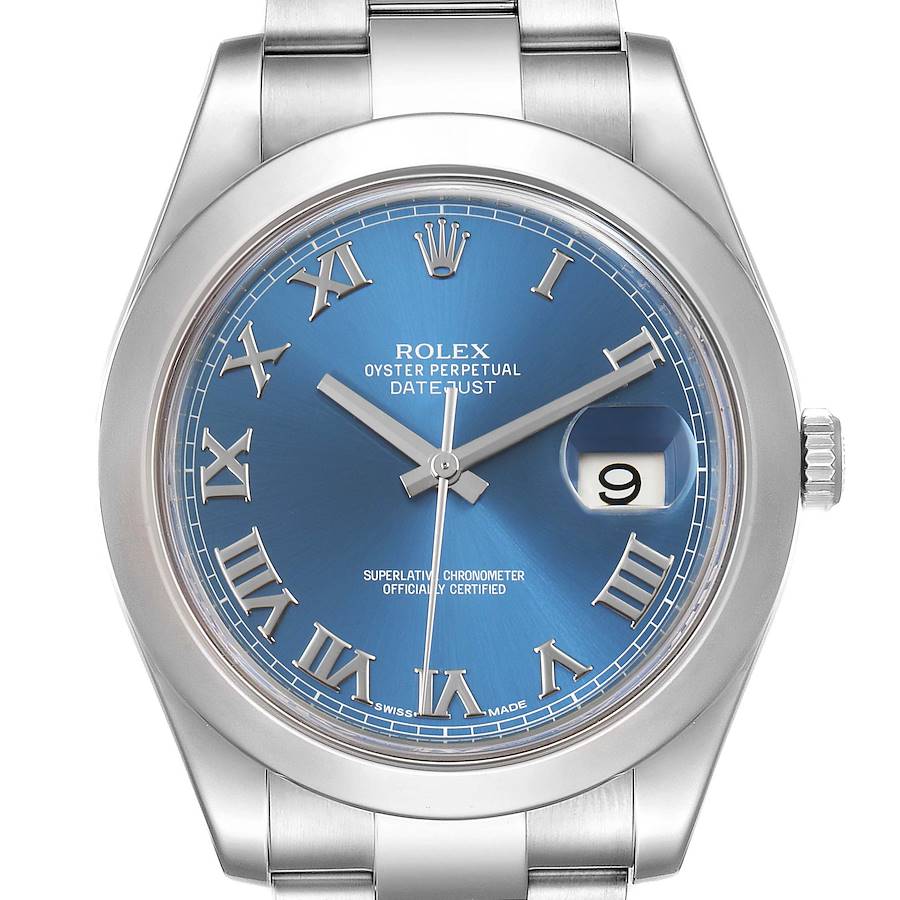 The image shows a front view of a Rolex Datejust 41 116300 Men's Stainless Steel Blue Dial 116300 Men's Stainless Steel Blue Dial watch with a blue dial and silver-toned Roman numerals.