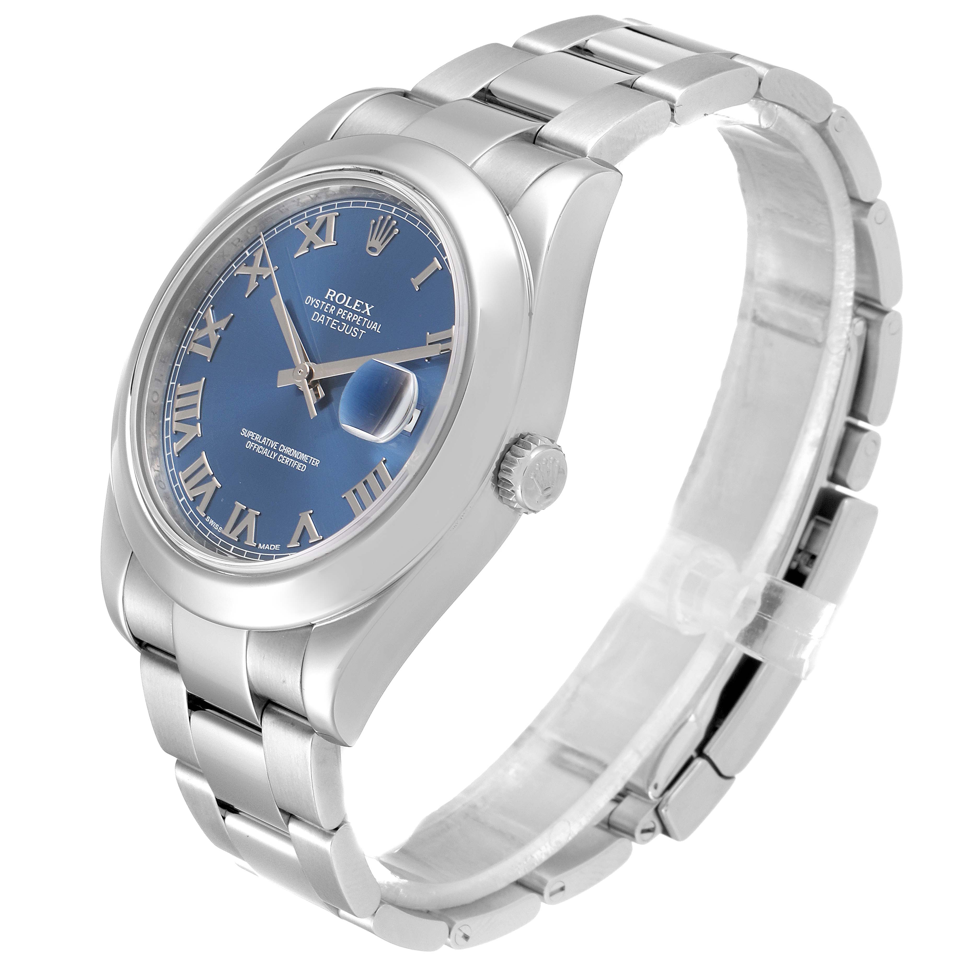 This image shows a Rolex Datejust 41 116300 Men's Stainless Steel Blue Dial 116300 Men's Stainless Steel Blue Dial model watch from a side angle, highlighting the bracelet, dial, crown, and bezel.