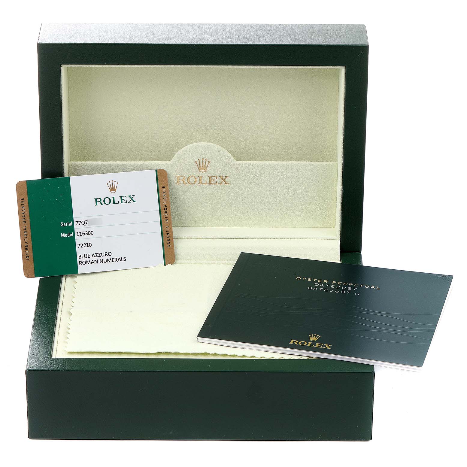 The image shows the Rolex Datejust 41 116300 Men's Stainless Steel Blue Dial 116300 Men's Stainless Steel Blue Dial watch box, warranty card, and manual from a front angle.