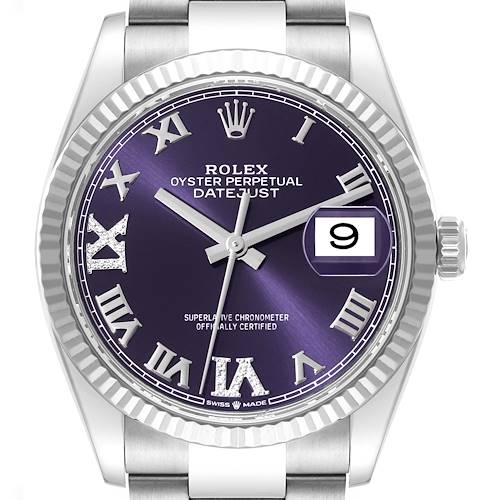 The image shows a front view of the Rolex Datejust 126234 Men's Stainless Steel Purple Dial 126234 Men's Stainless Steel Purple Dial watch, highlighting its purple dial, fluted bezel, and Roman numeral hour markers.
