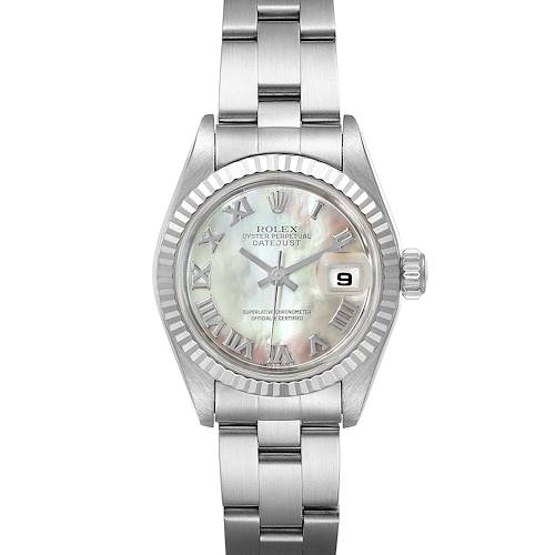 The image shows a Rolex Datejust 69174 Women's Stainless Steel Mother of Pearl Dial 69174 Women's Stainless Steel Mother of Pearl Dial watch from the front, including the bracelet, bezel, dial, and date window.