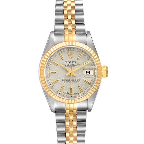 The Rolex Datejust 69173 Women's Steel and Gold (two tone) Beige Dial 69173 Women's Steel and Gold (two tone) Beige Dial watch is shown from the front, displaying the dial, bezel, and Jubilee bracelet.