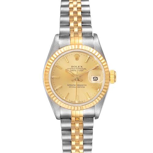 This image shows a front view of a Rolex Datejust 69173 Women's Steel and Gold (two tone) Champagne Dial 69173 Women's Steel and Gold (two tone) Champagne Dial watch featuring a two-tone bracelet and gold dial with a date window.