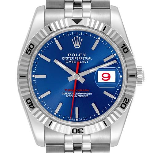 The image shows a frontal view of the Rolex Turn-o-Graph 116264 Men's Stainless Steel Blue Dial 116264 Men's Stainless Steel Blue Dial with a clear view of the dial, bezel, and part of the bracelet.