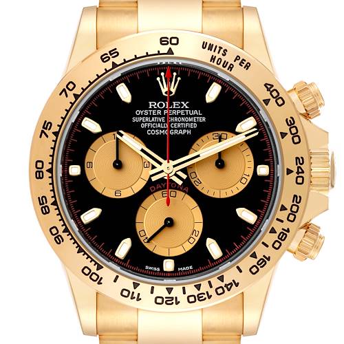 This image shows a front view of a Rolex Daytona 116508 Men's Yellow Gold Black Dial 116508 Men's Yellow Gold Black Dial watch, highlighting the dial, bezel, and pushers on a gold bracelet.