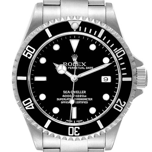 This image shows a front view of the Rolex Sea-Dweller 16600T Men's Stainless Steel Black Dial 16600T Men's Stainless Steel Black Dial watch, featuring its dial, bezel, and part of the bracelet.