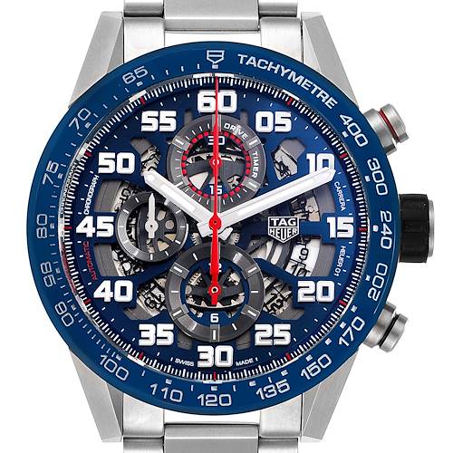 This image shows a front view of the Tag Heuer Carrera CAR2A1K.BA0703 Men's Stainless Steel Blue Dial CAR2A1K.BA0703 Men's Stainless Steel Blue Dial watch, highlighting its stainless steel case, chronograph subdials, and tachymeter bezel.