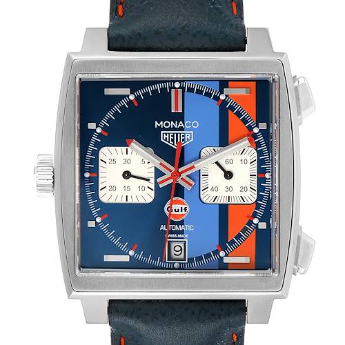 The image shows the face of the Tag Heuer Monaco CAW211R.FC6401 Men's Stainless Steel Blue Dial CAW211R.FC6401 Men's Stainless Steel Blue Dial watch head-on, displaying the dial, hands, and strap attachment.