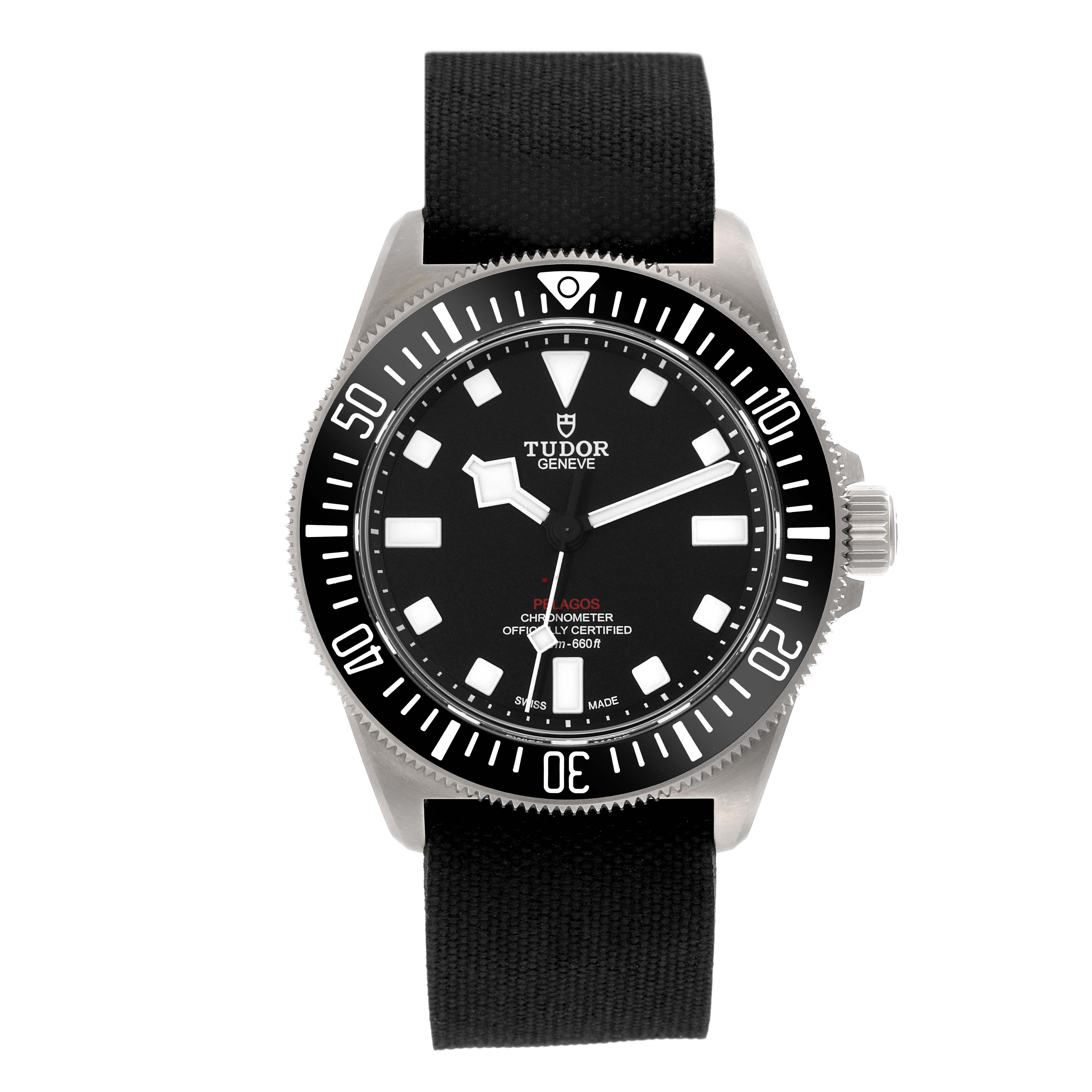 The image shows a front view of a Tudor Pelagos M25717N-0001 Men's Titanium Black Dial M25717N-0001 Men's Titanium Black Dial watch with a black dial and black fabric strap.
