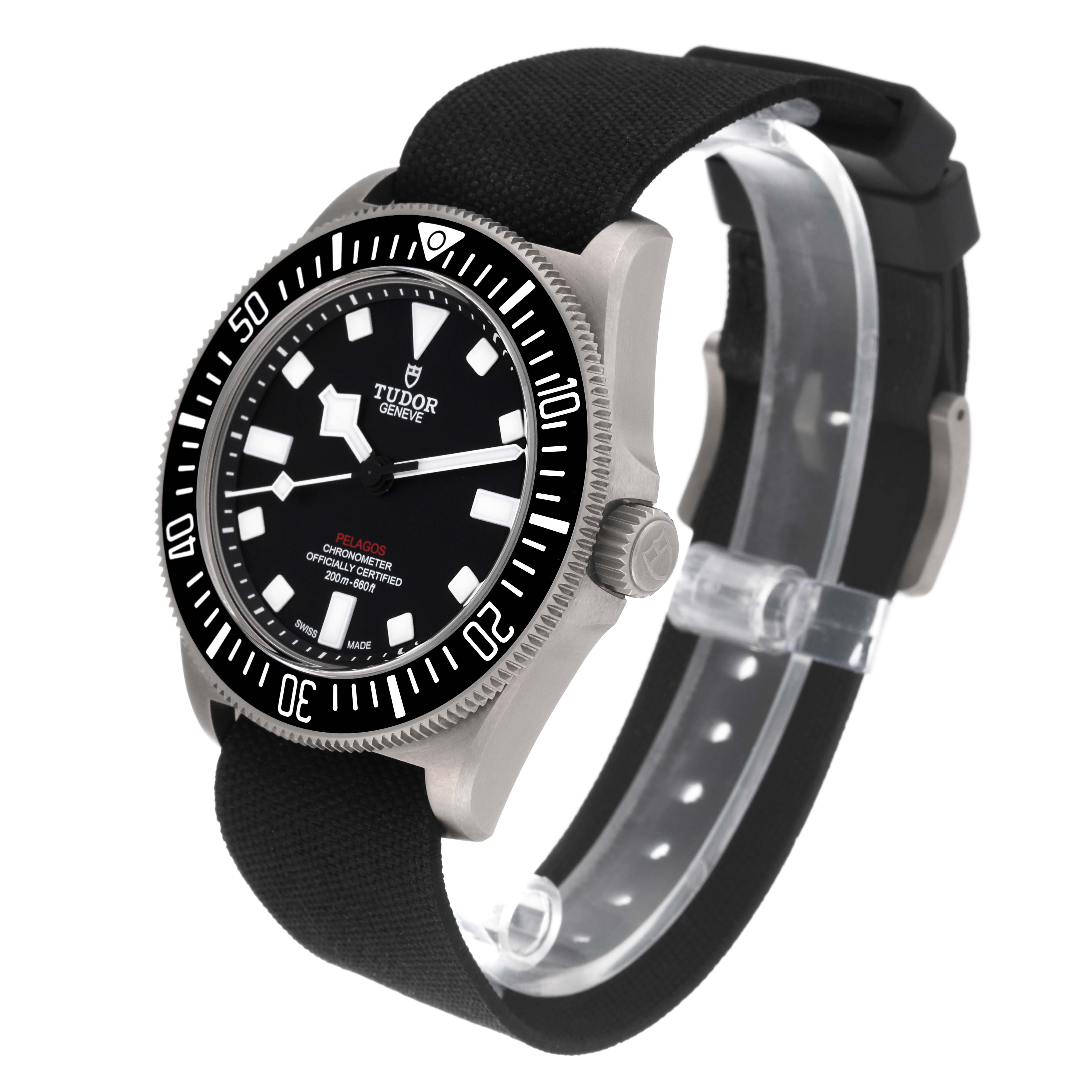 The Tudor Pelagos M25717N-0001 Men's Titanium Black Dial M25717N-0001 Men's Titanium Black Dial watch is shown from a front-angle view, highlighting its dial, bezel, and black strap.