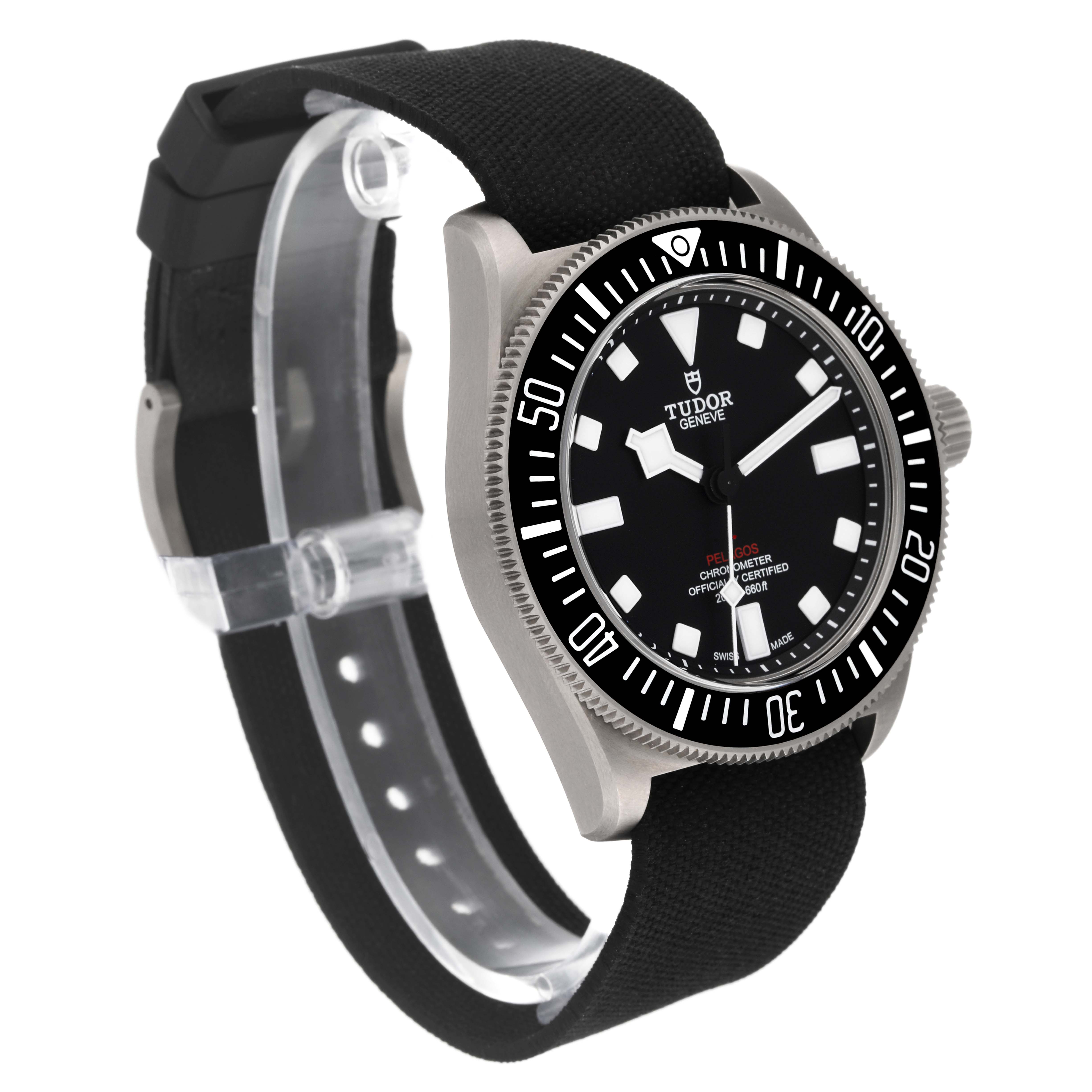 This image shows a Tudor Pelagos M25717N-0001 Men's Titanium Black Dial M25717N-0001 Men's Titanium Black Dial watch displaying the face, bezel, and strap at a three-quarter angle.