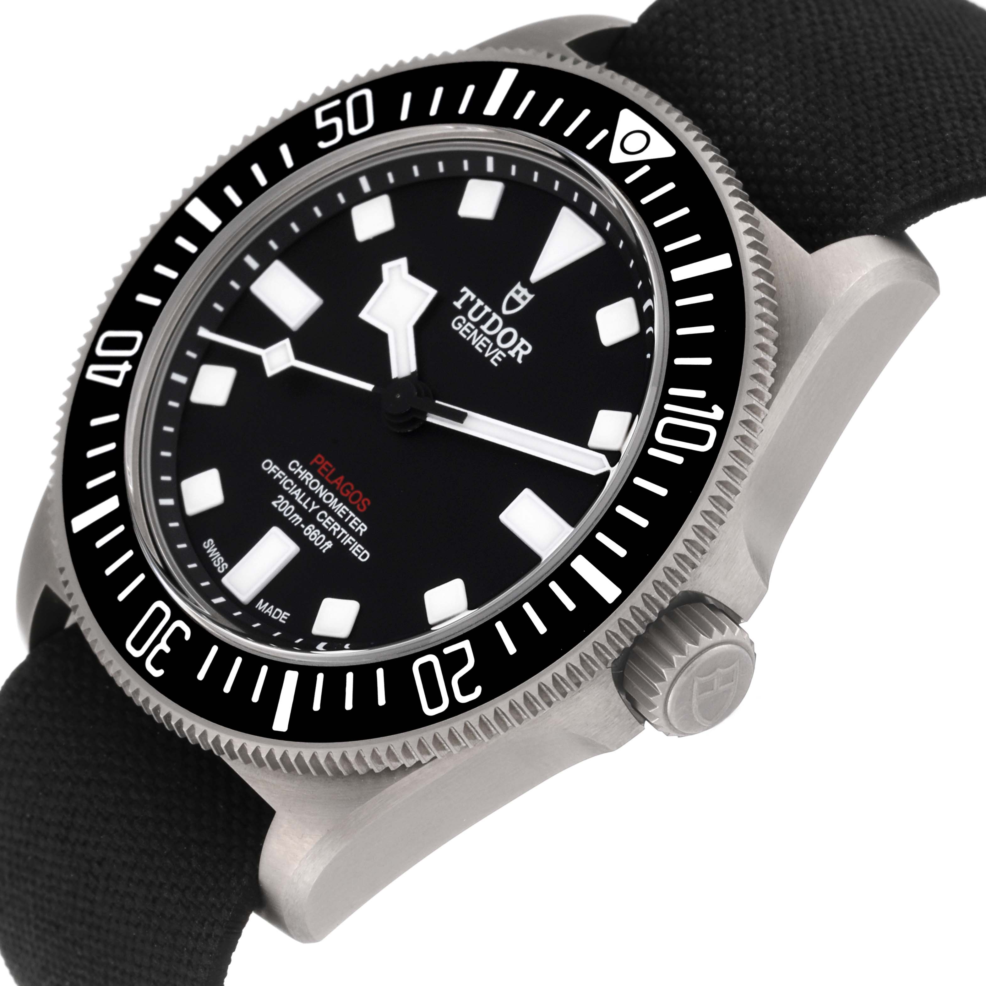 The image shows a tilted angle of the Tudor Pelagos M25717N-0001 Men's Titanium Black Dial M25717N-0001 Men's Titanium Black Dial watch, highlighting the bezel, dial, and crown.